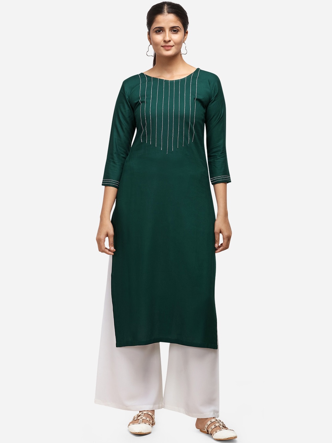 

Silk Bazar Women Green & Off-White Solid Kurta with Palazzos