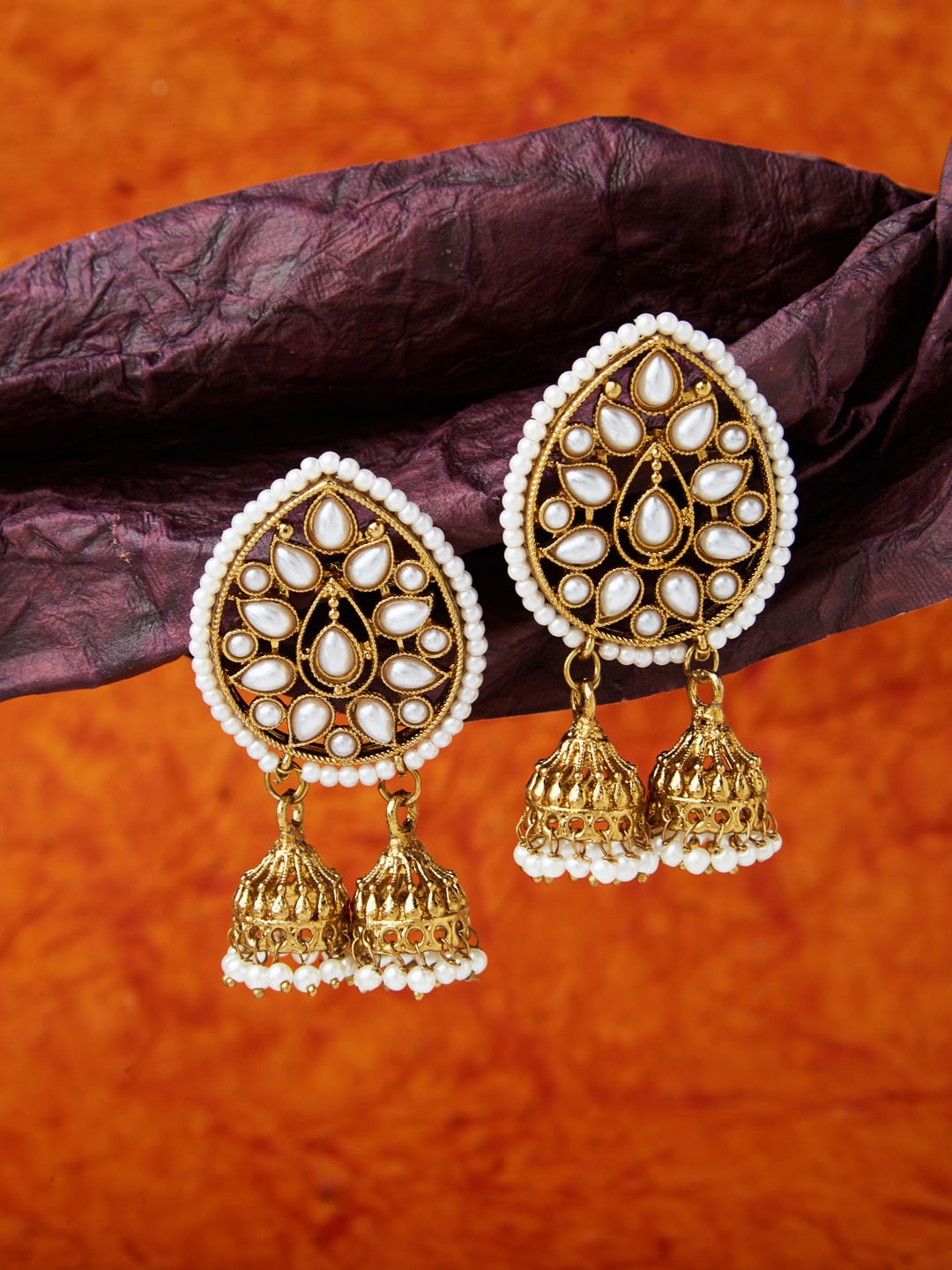 

Fida Gold-Toned & White Oval Jhumkas