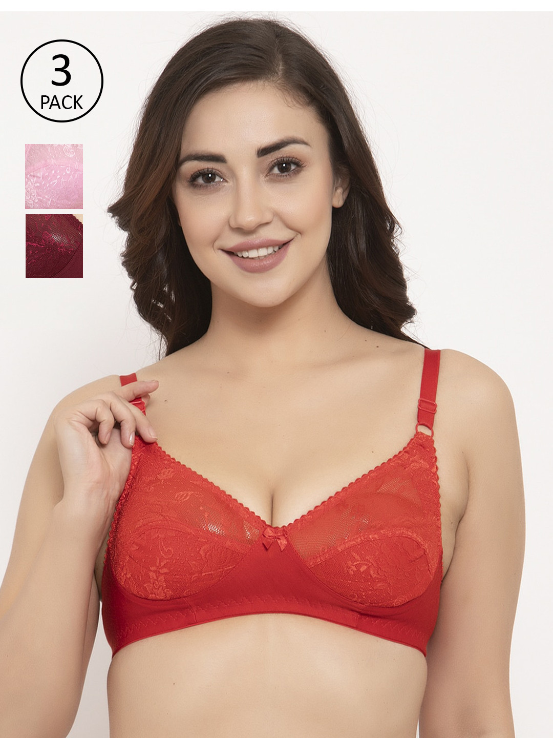 

GRACIT Pack Of 3 Self Design Non-Wired Non Padded Balconette Bra PW3-03-10-14-28B, Red