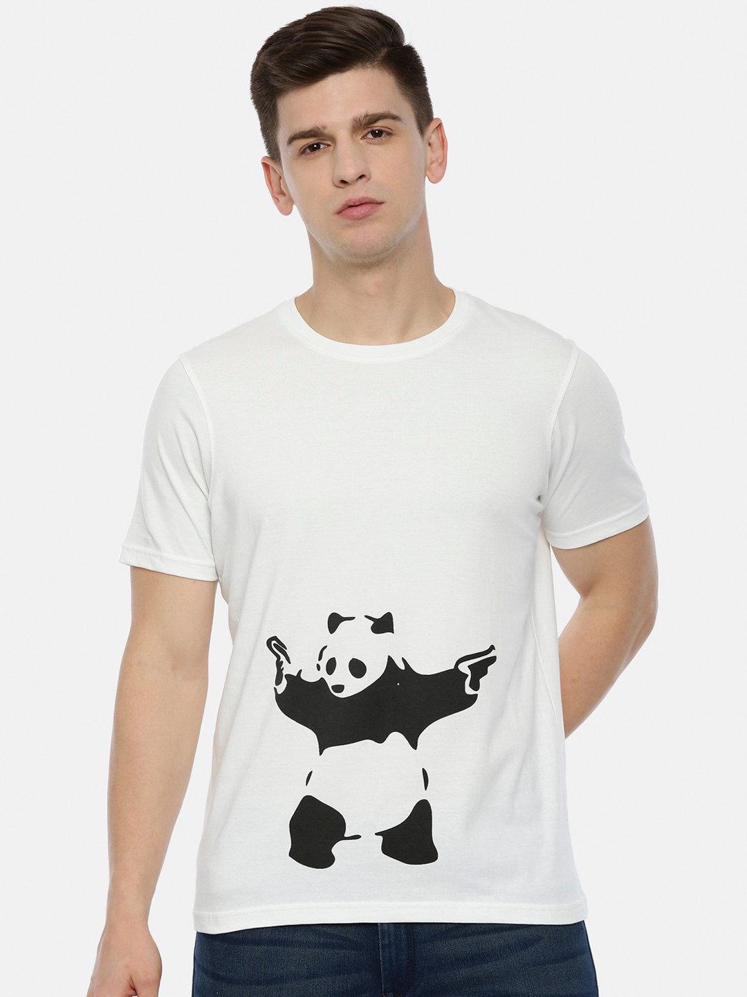 

Bushirt Men White Black Giant Panda Print Round Neck Pure Cotton T-shirt