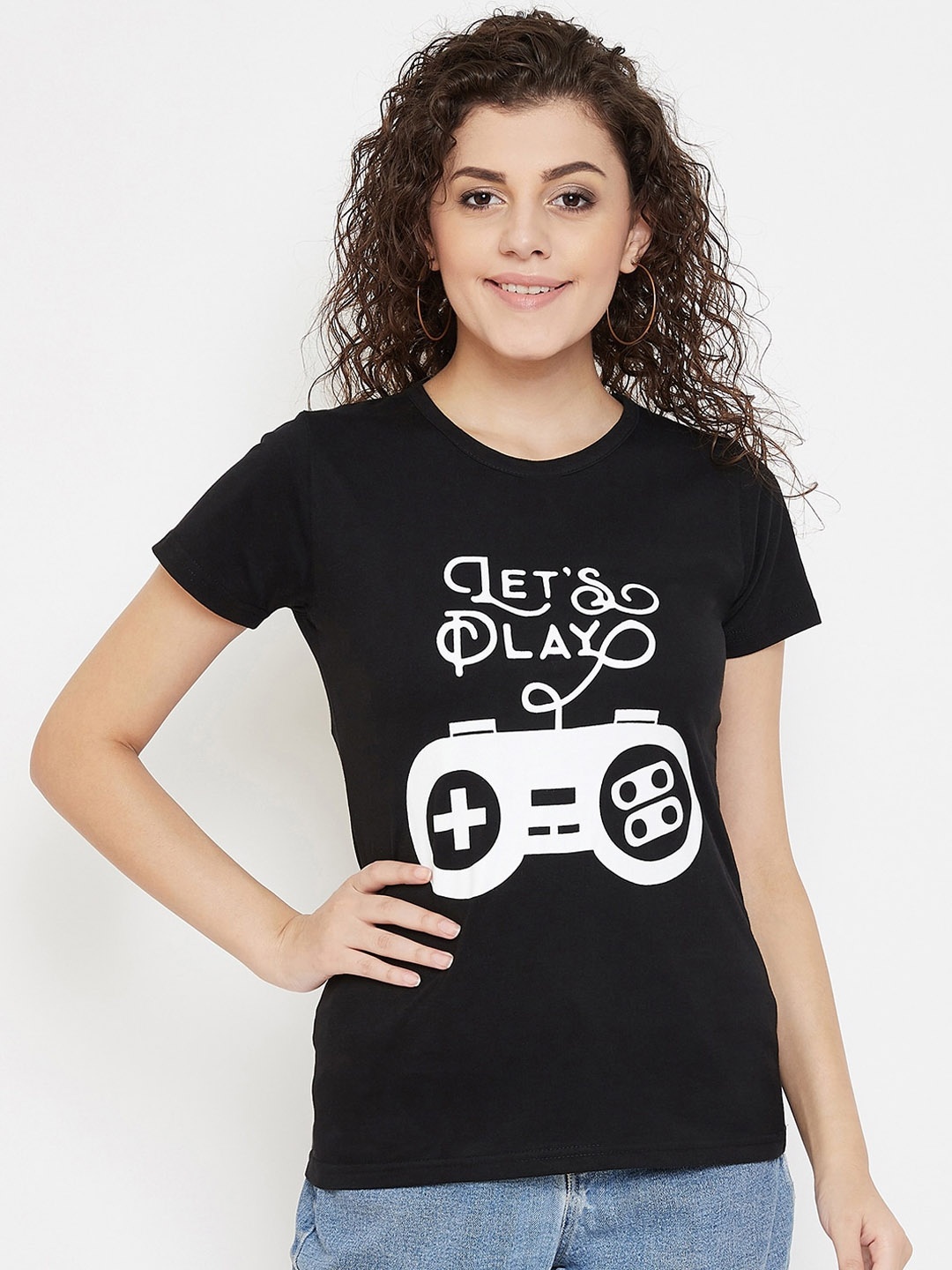 

Purple Feather Women Black Printed Round Neck T-shirt
