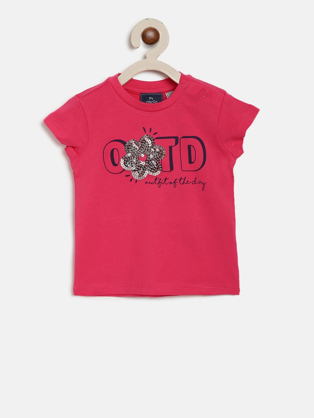 

Chicco Infant Girls Pink & Black Sequin Embellished Printed Round Neck T-shirt