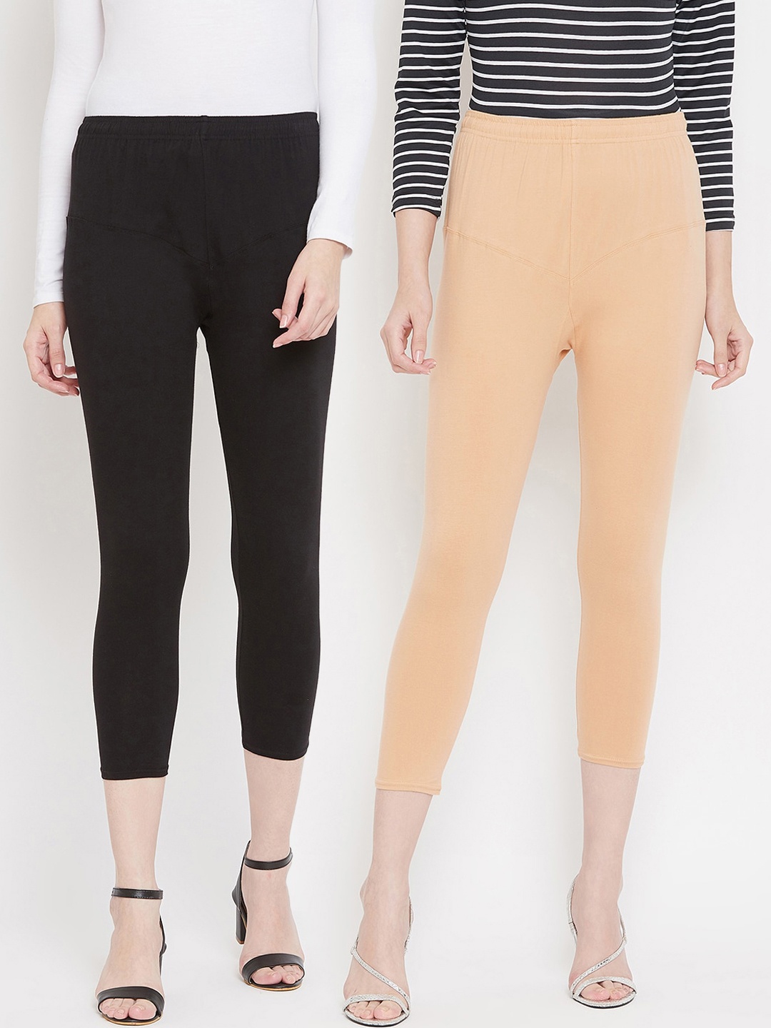 Tulsattva Women Pack Of 2 Solid Three-Fourth Length Leggings, Black