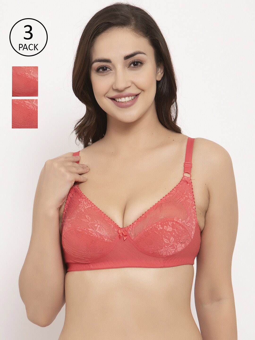 

GRACIT Pack Of 3 Lace Non-Wired Non Padded Balconette Bra PW3-15-15-15, Orange