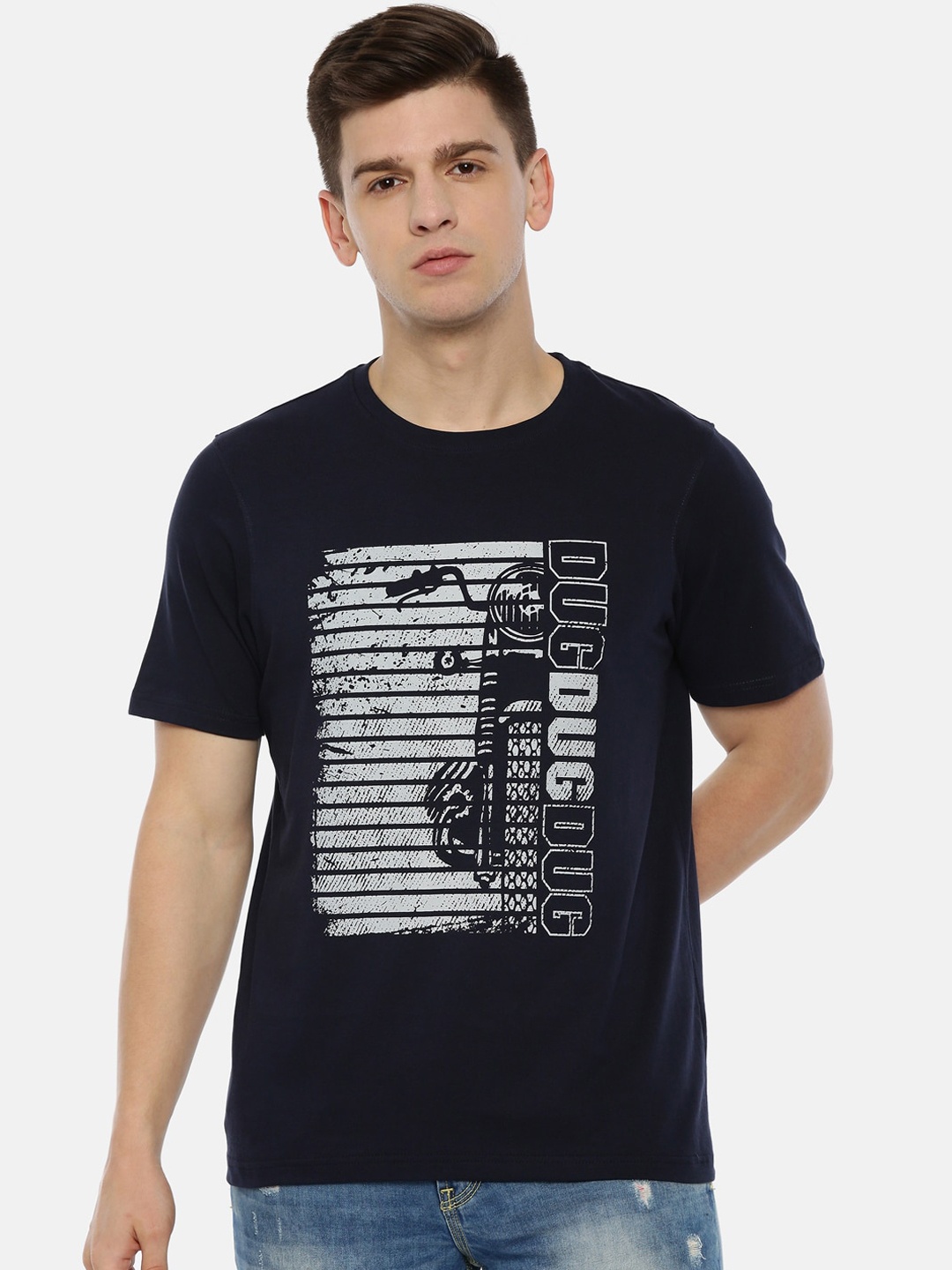 

Bushirt Men Navy Blue White Printed Round Neck Pure Cotton T-shirt