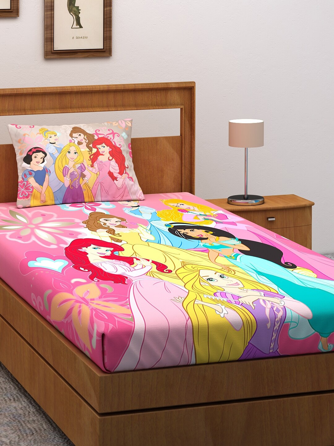 

Disney Pink & Yellow Princess Cartoon Characters 180 TC Single Bedsheet with Pillow Cover