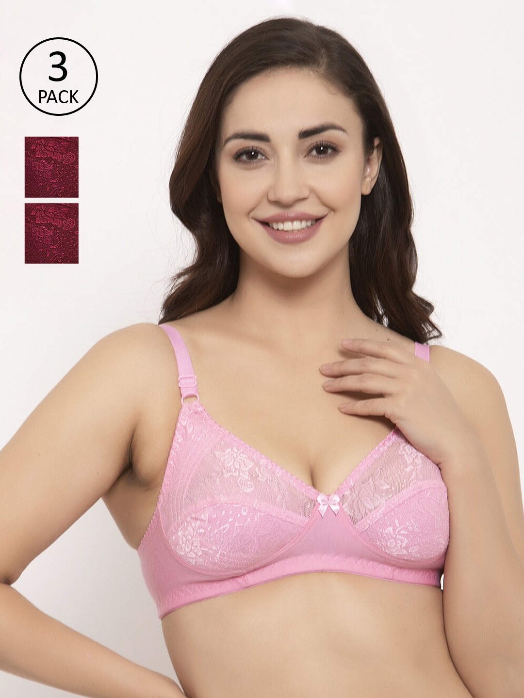 

GRACIT Pack Of 3 Self Design Non-Wired Non Padded Balconette Bra PW3-10-14-14, Pink