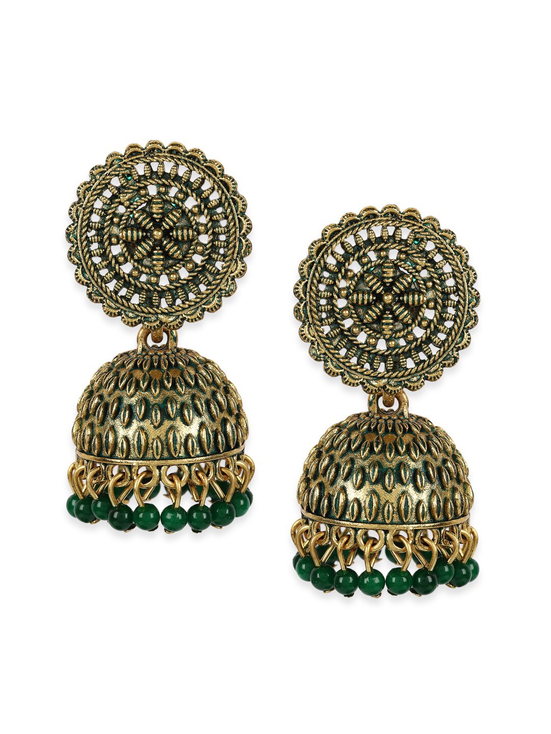 

ANIKAS CREATION Green & Gold-Toned Dome Shaped Drop Earrings