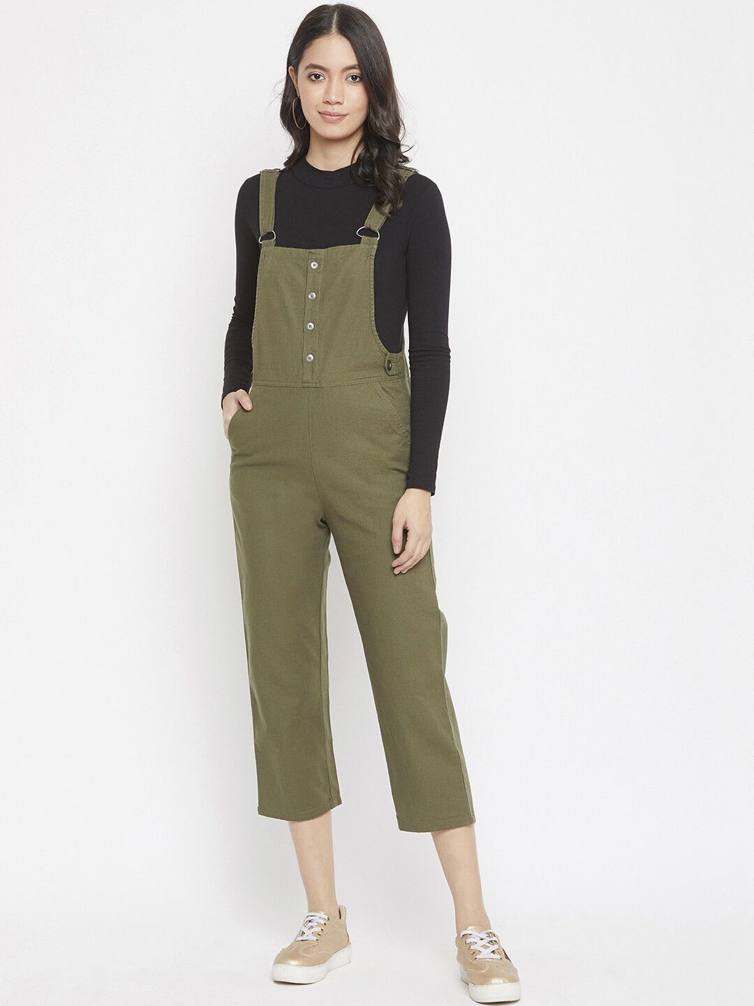 

Crimsoune Club Women Olive Green Solid Cropped Dungarees