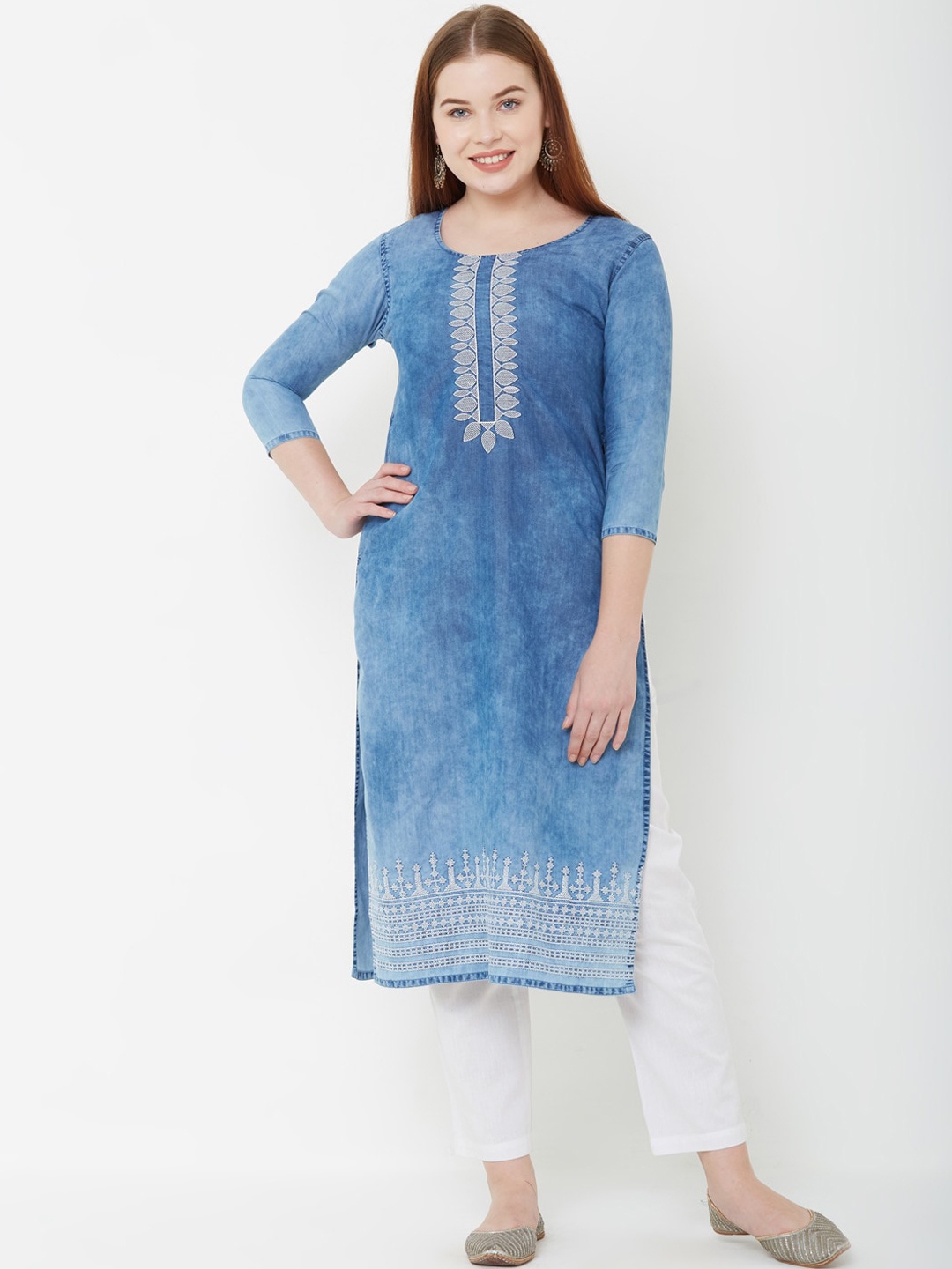 

FASHOR Women Blue & Off-White Embroidered Straight Kurta