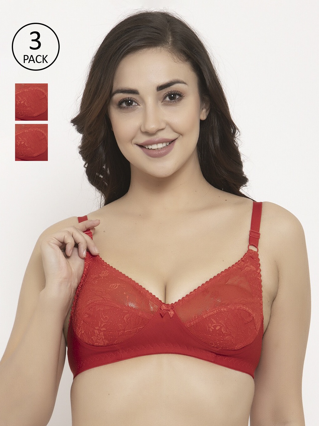 

GRACIT Pack Of 3 Red Lace Non-Wired Non Padded Balconette Bra PW3-03-03-03