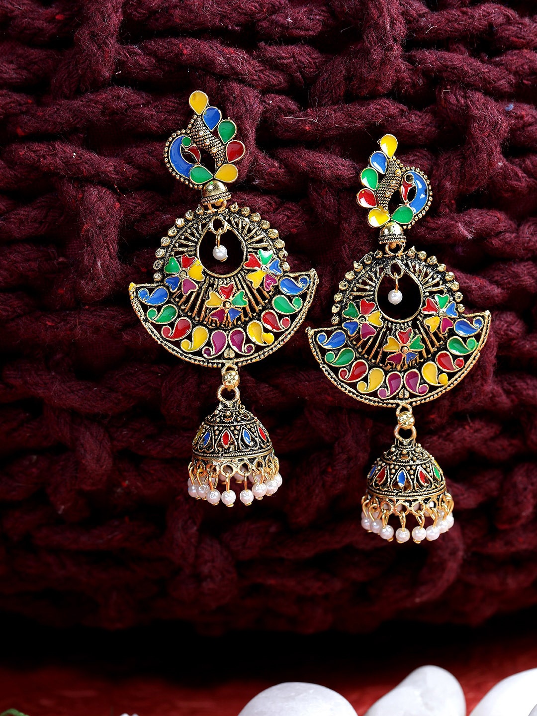 

ANIKAS CREATION Multicoloured & Gold-Toned Contemporary Jhumkas, Multi