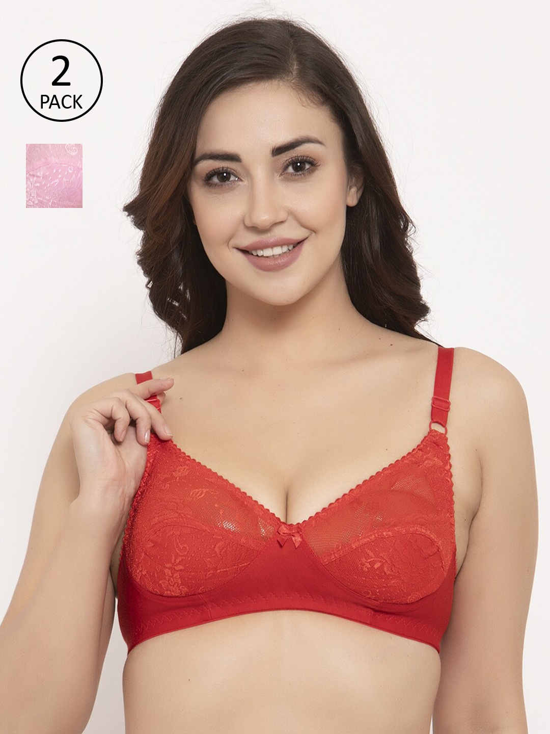 

GRACIT Pack Of 2 Lace Non-Wired Non Padded Everyday Bras PW3-03-10, Red