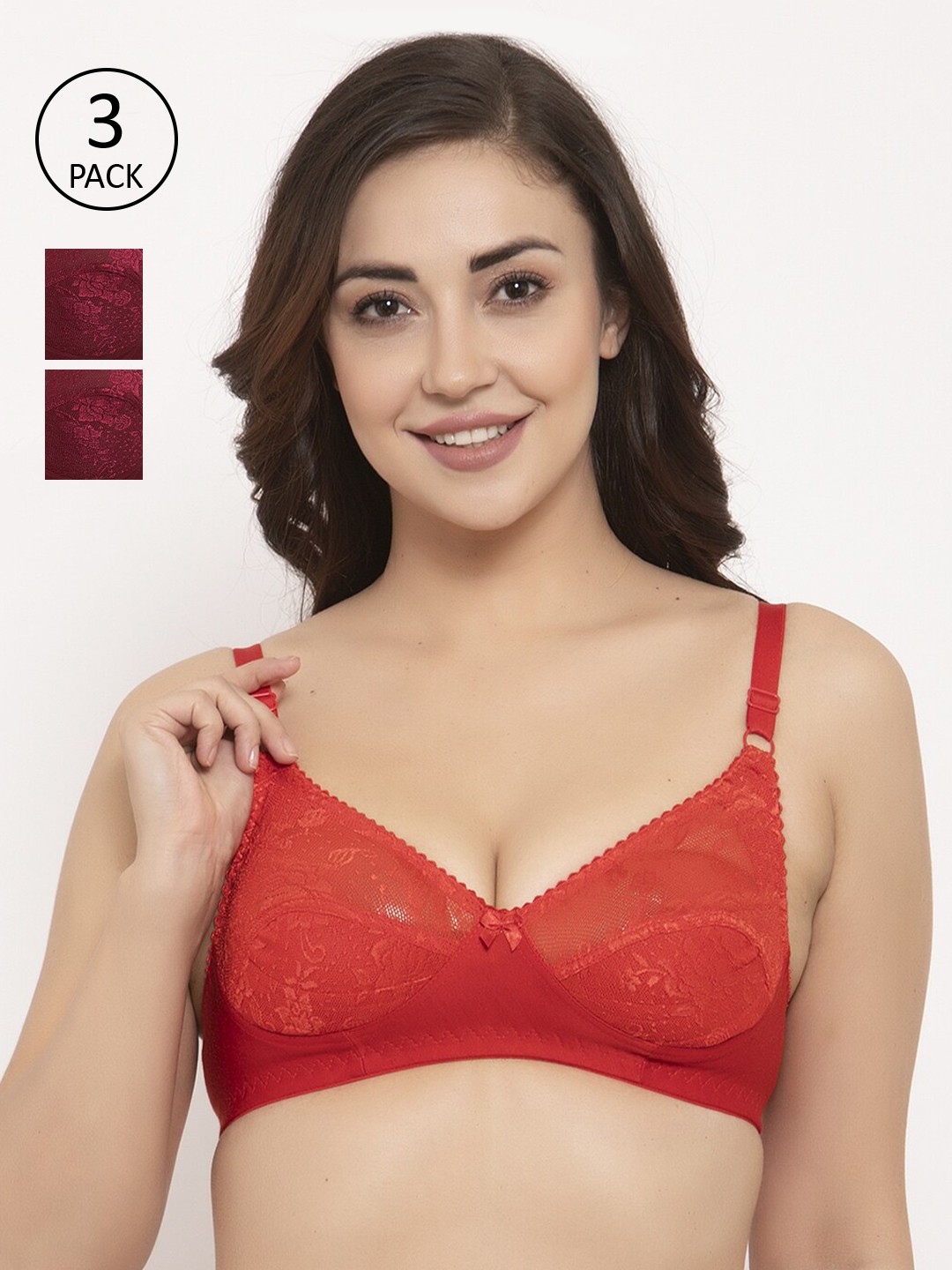 

GRACIT Pack Of 3 Lace Non-Wired Non Padded Balconette Bra PW3-03-14-14, Red