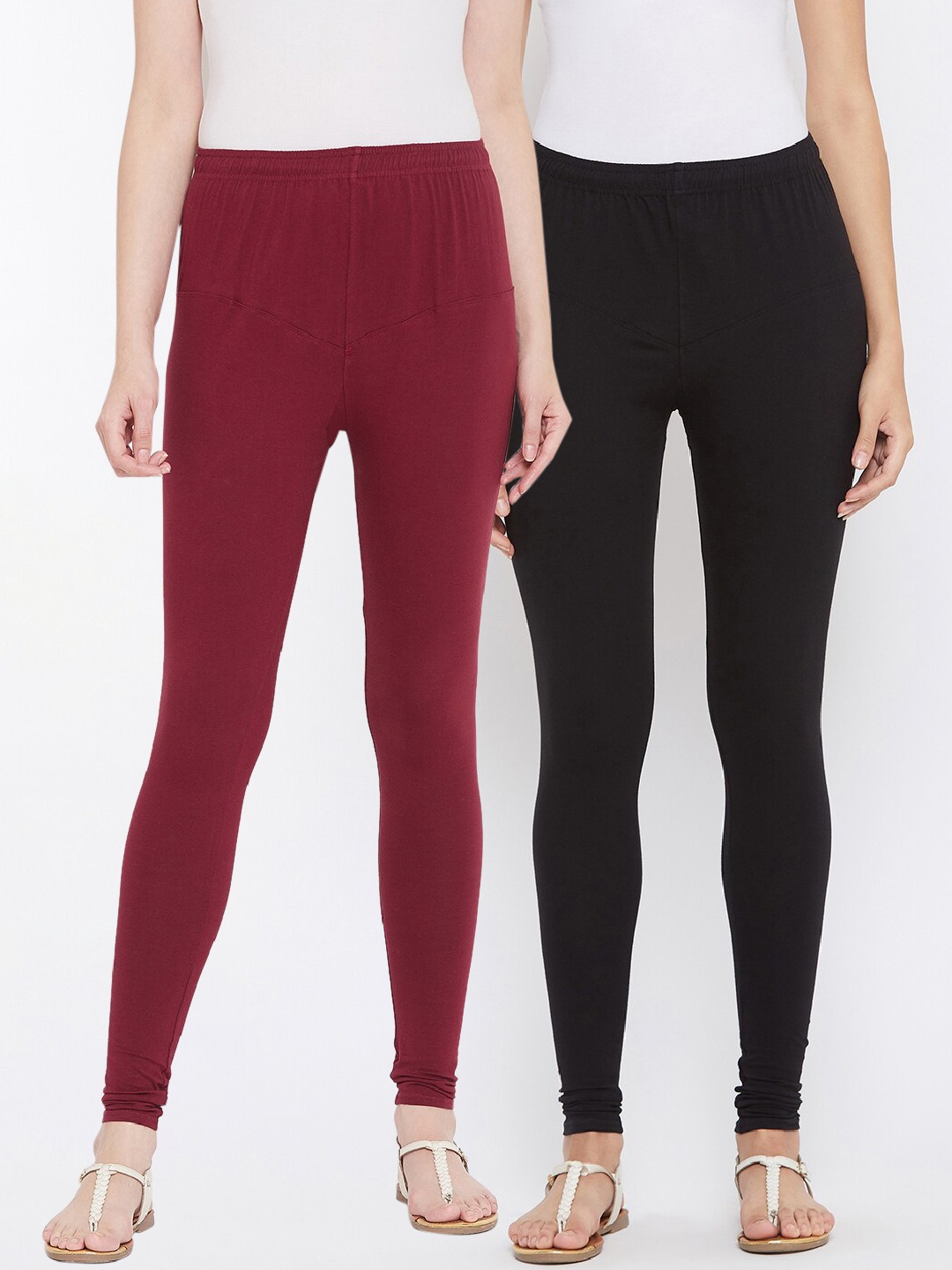 

Tulsattva Women Pack Of 2 Black & Maroon Solid Churidar-Length Leggings
