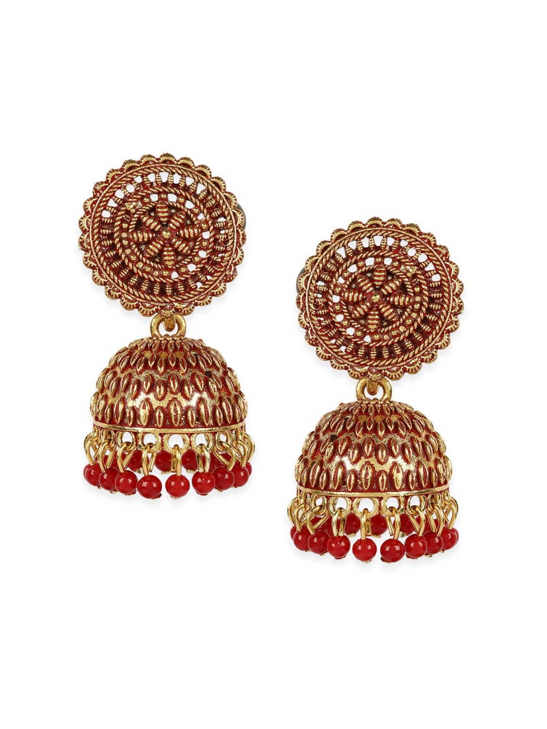 

ANIKAS CREATION Red & Gold Dome Shaped Jhumkas