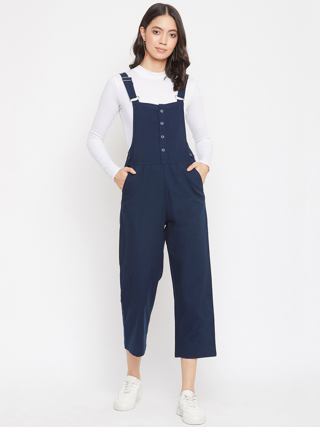 

Crimsoune Club Women Navy Solid Cropped Dungarees, Navy blue