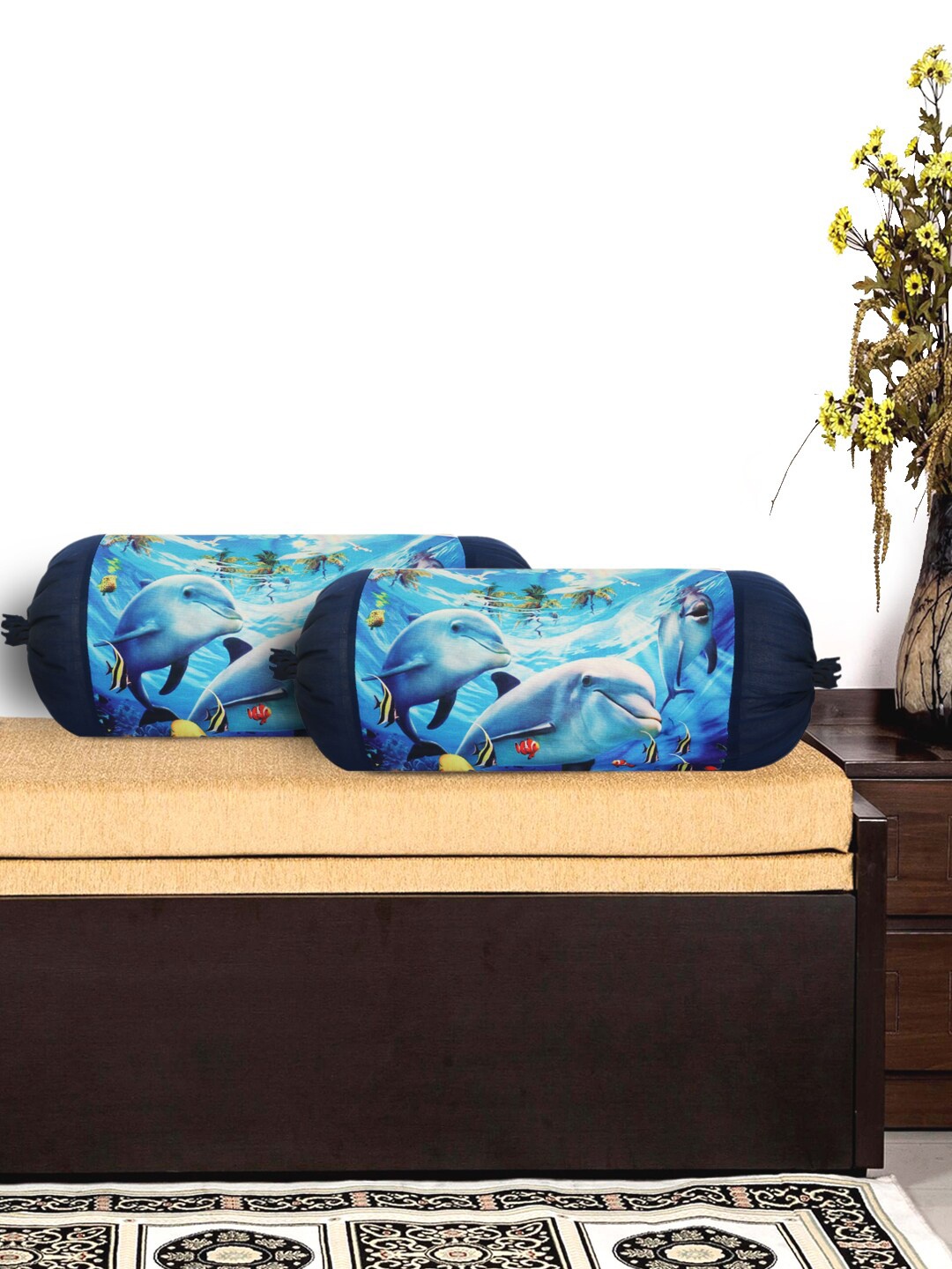 Kuber Industries Set Of 2 Blue & White Fish Design Bolster Covers