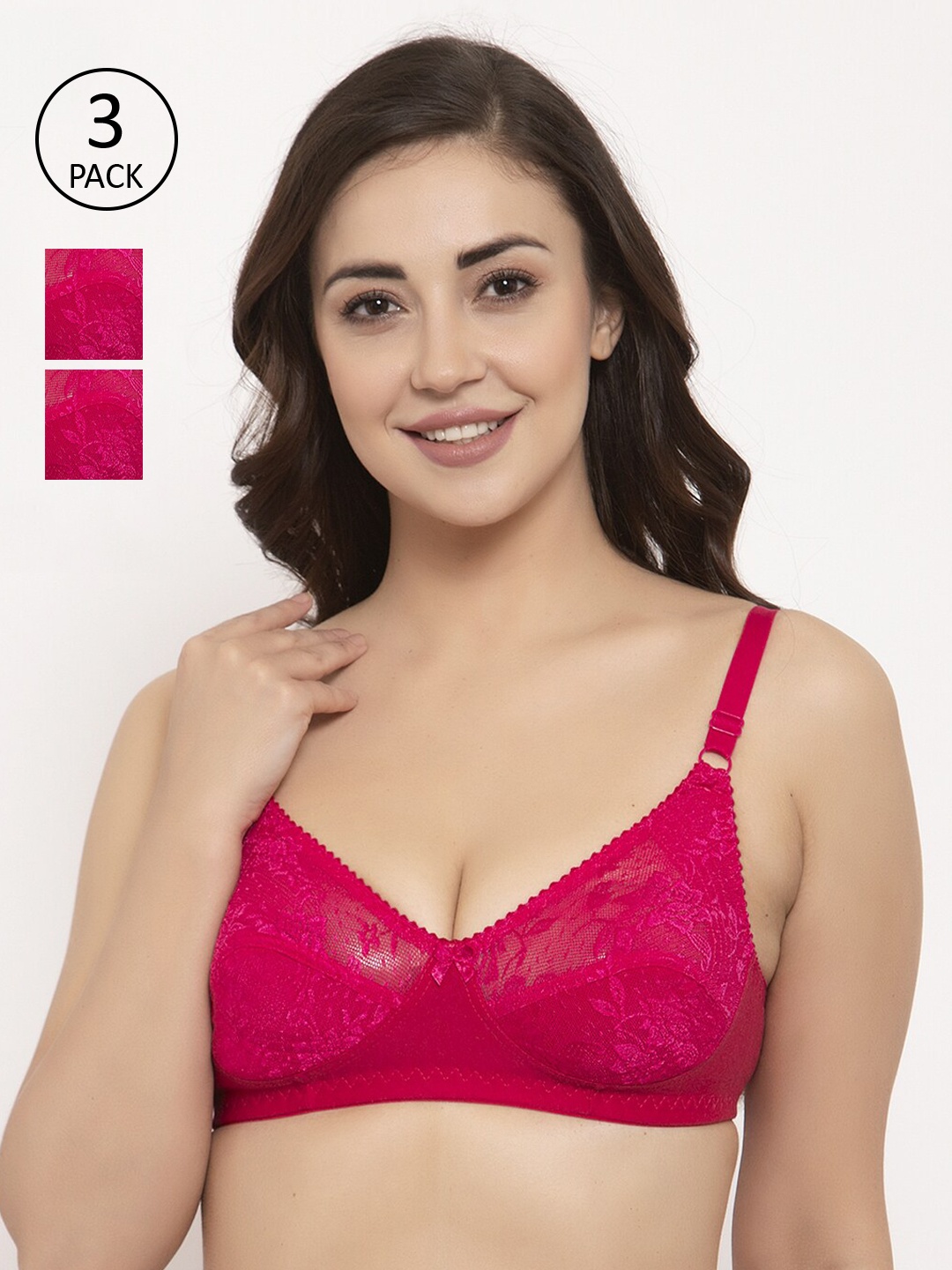 

GRACIT Pack Of 3 Lace Non-Wired Non Padded Balconette Bra PW3-07-07-07, Pink