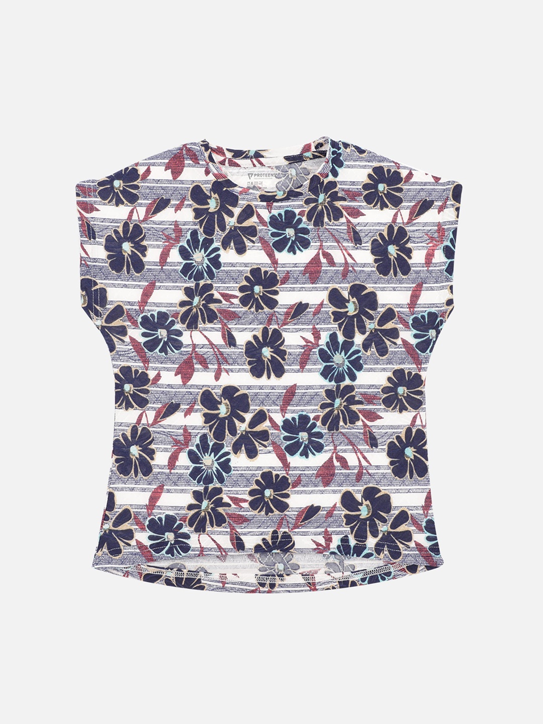 

PROTEENS Girls Navy Blue Floral Printed Round Neck T-shirt