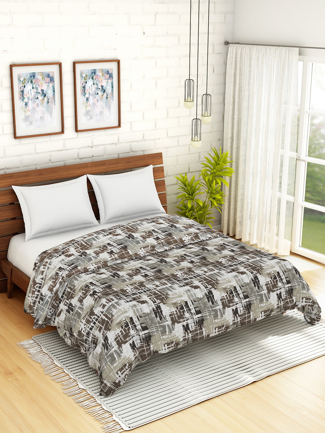 

SPACES Grey & Brown Abstract AC Room 150 GSM Double Bed Quilt