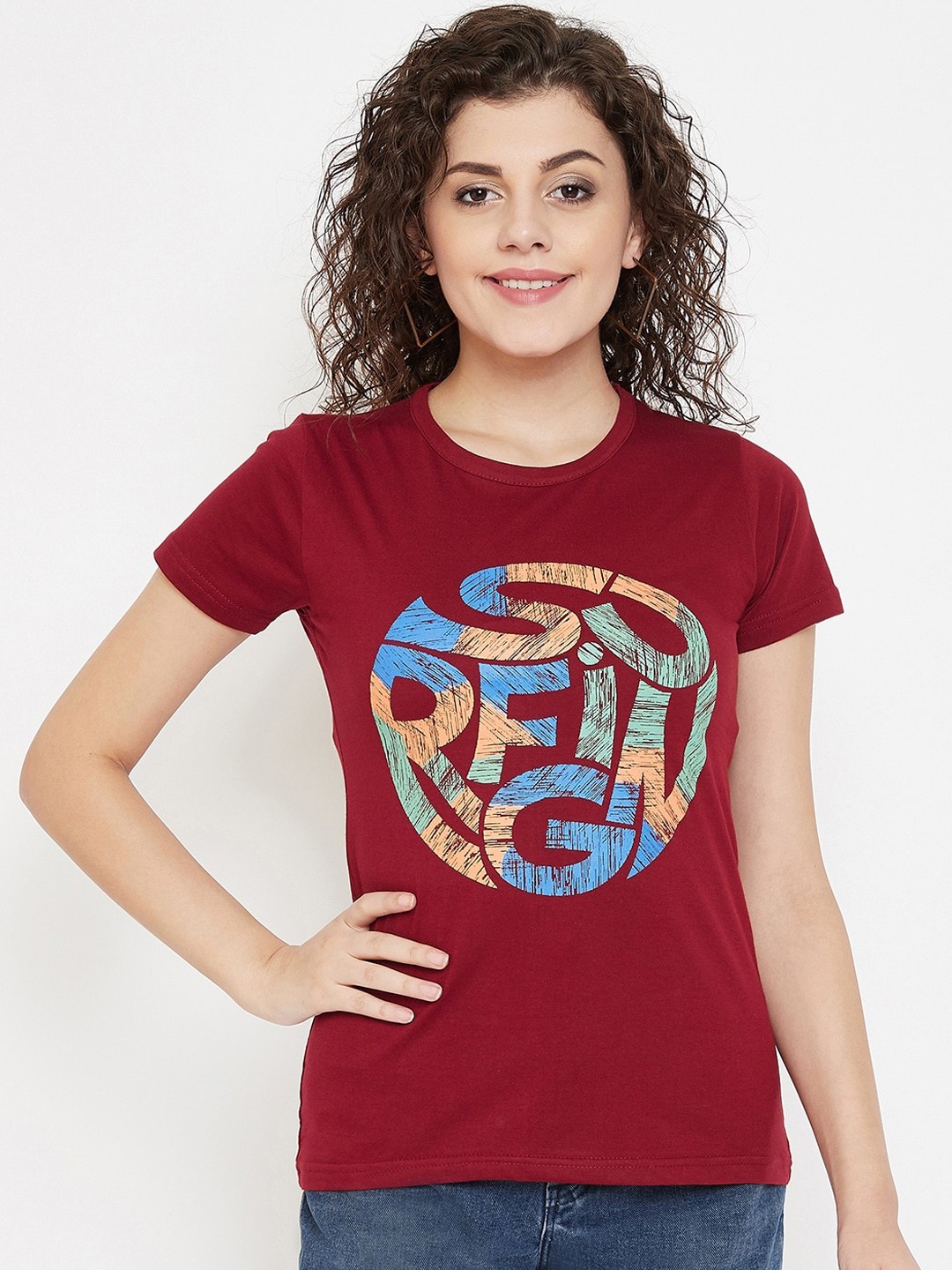 

Purple Feather Women Maroon & Blue Printed Round Neck T-shirt