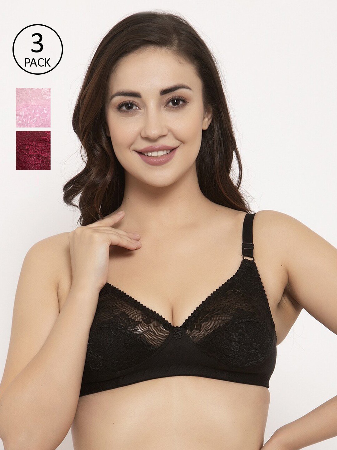 

GRACIT Pack Of 3Lace Non-Wired Non Padded Balconette Bra PW3-01-10-14, Black