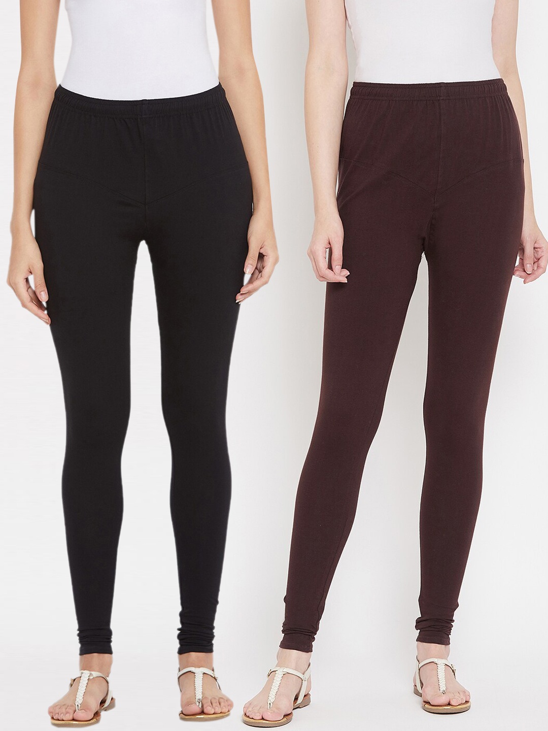 

Tulsattva Women Pack Of 2 Black & Brown Solid Churidar-Length Leggings