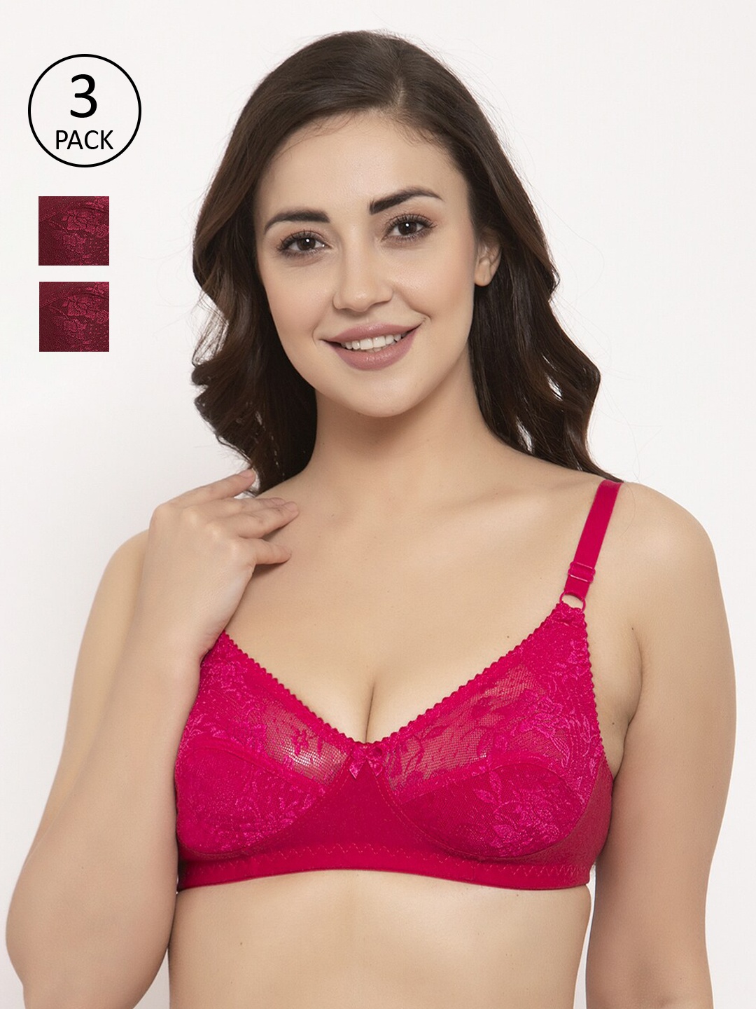 

GRACIT Pack Of 3 Lace Non-Wired Non Padded Balconette Bra PW3-07-14-14, Pink
