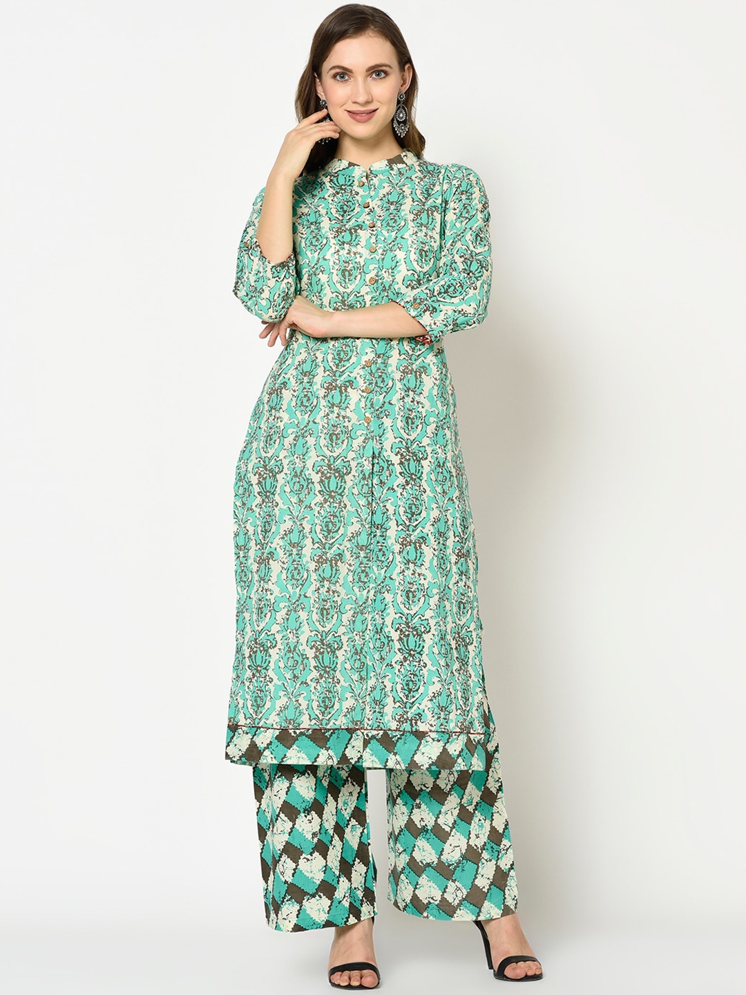 

Yufta Women Green Floral Printed Kurta with Palazzos