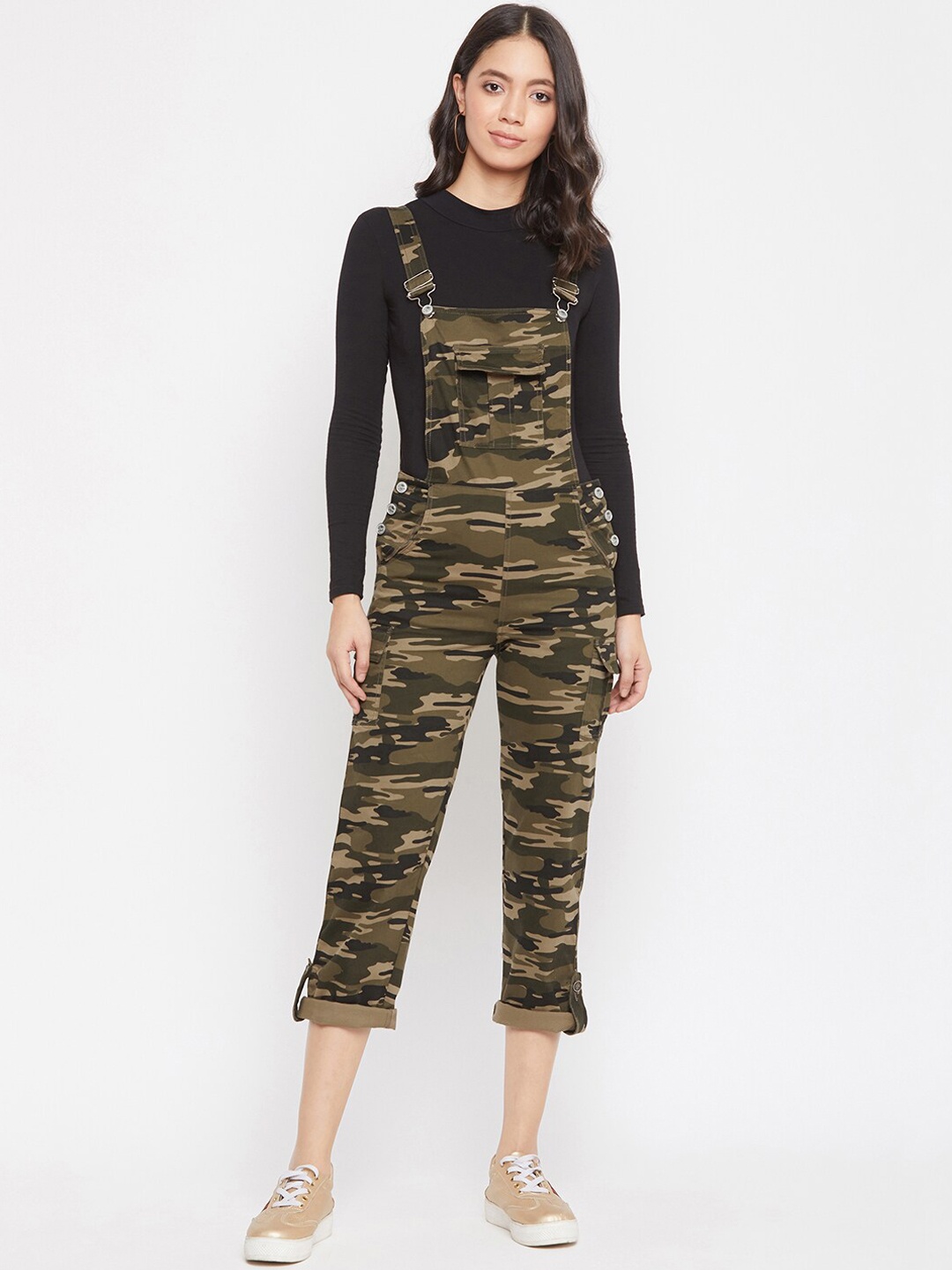 

Crimsoune Club Women Olive-Green & Khaki-Colour Camouflage Printed Slim-Fit Dungarees