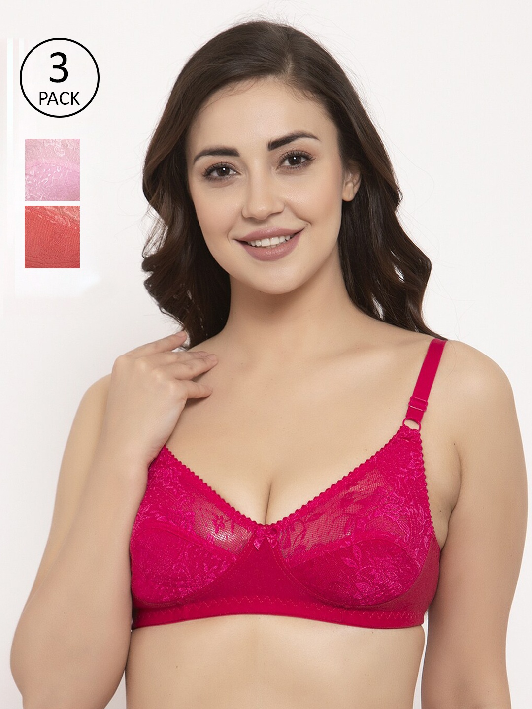 

GRACIT Pack Of 3 Lace Non-Wired Non Padded Balconette Bra PW3-07-10-15, Pink