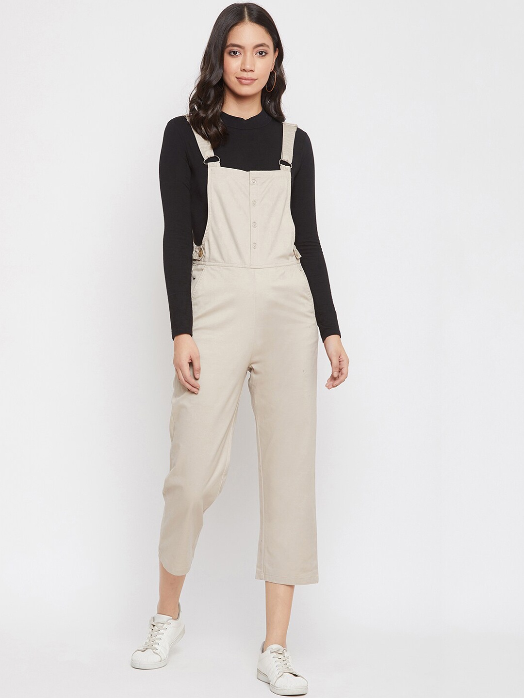 

Crimsoune Club Women Cream-Colour Solid Cropped Dungarees