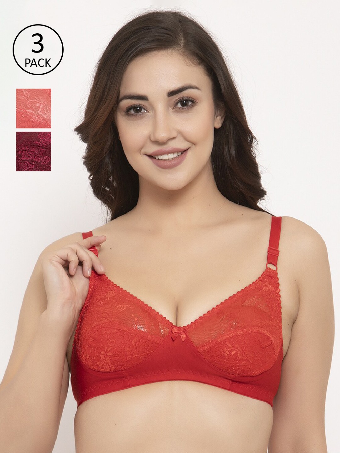 

GRACIT Pack Of 3 Lace Non-Wired Non Padded Balconette Bras PW3-03-14-15, Red