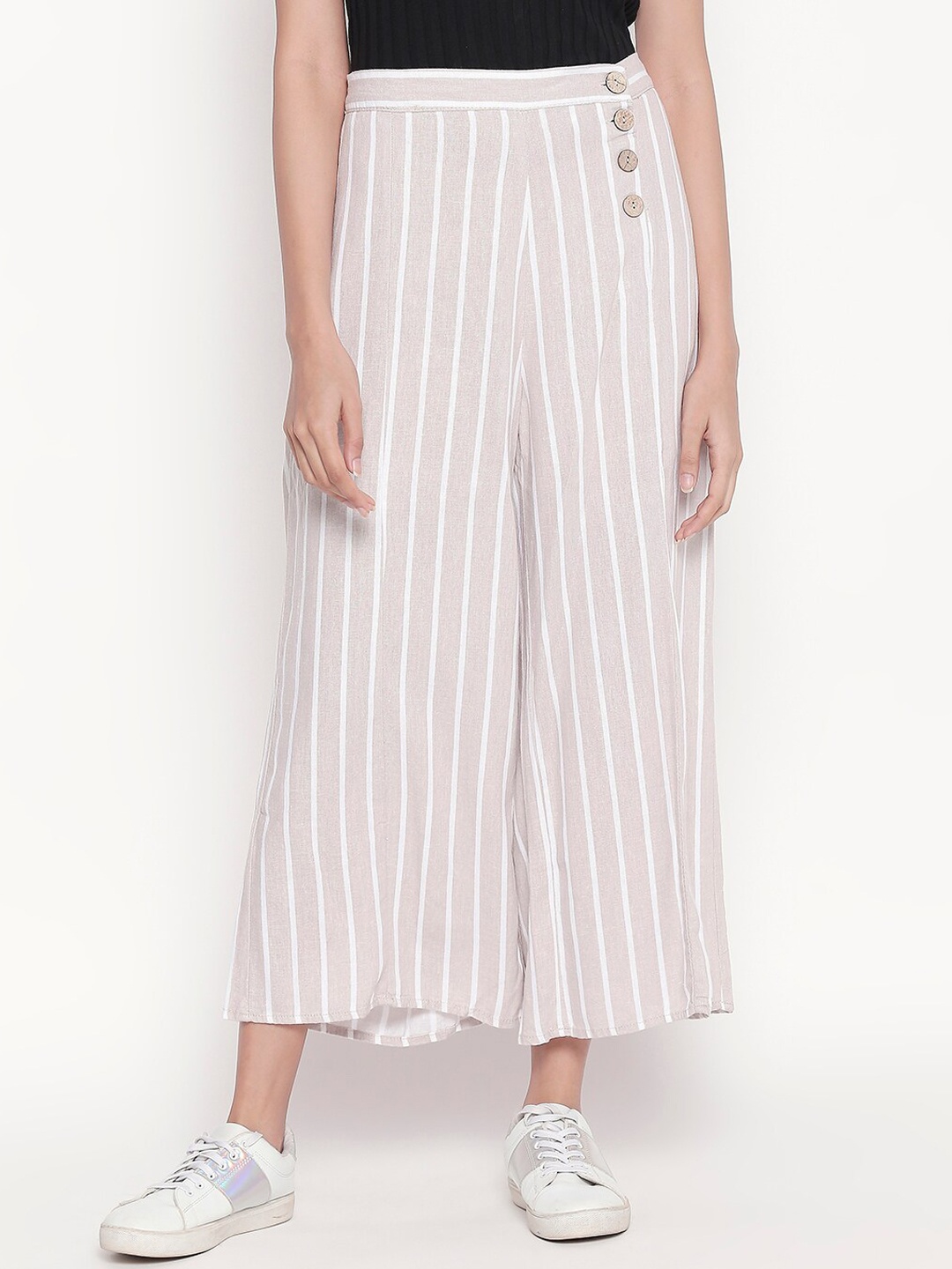 

Honey by Pantaloons Women Beige & Beige Regular Fit Striped Parallel Trousers