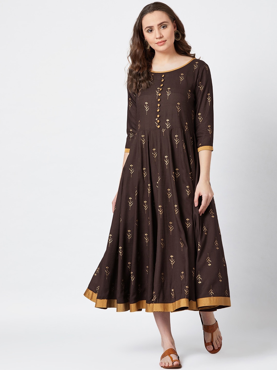 

PANIT Women Brown Foil Printed Ethnic A-Line Dress