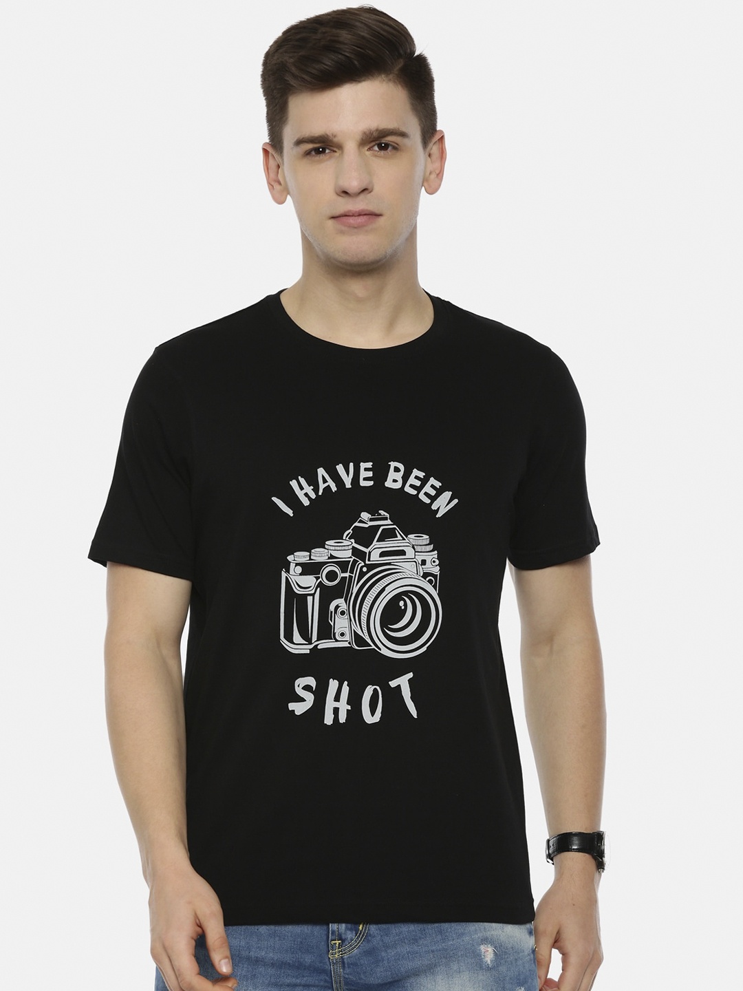 

Bushirt Men Black Printed Round Neck Pure Cotton T-shirt