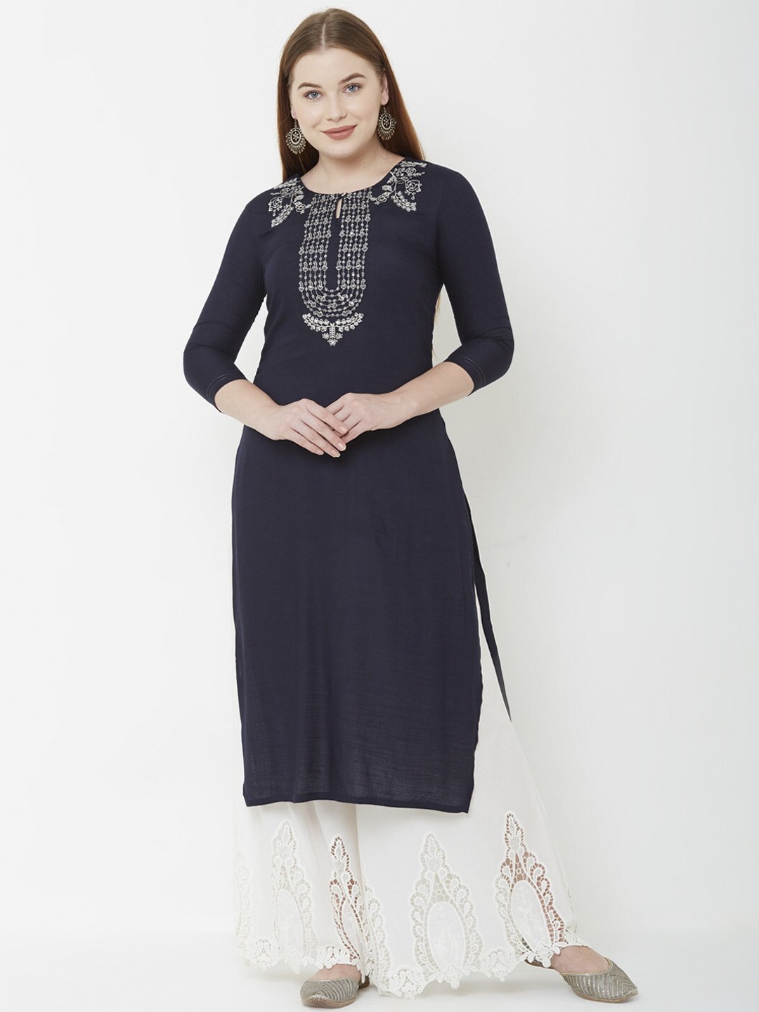 

FASHOR Women Navy Blue & White Paisley Embroidered Straight Kurta