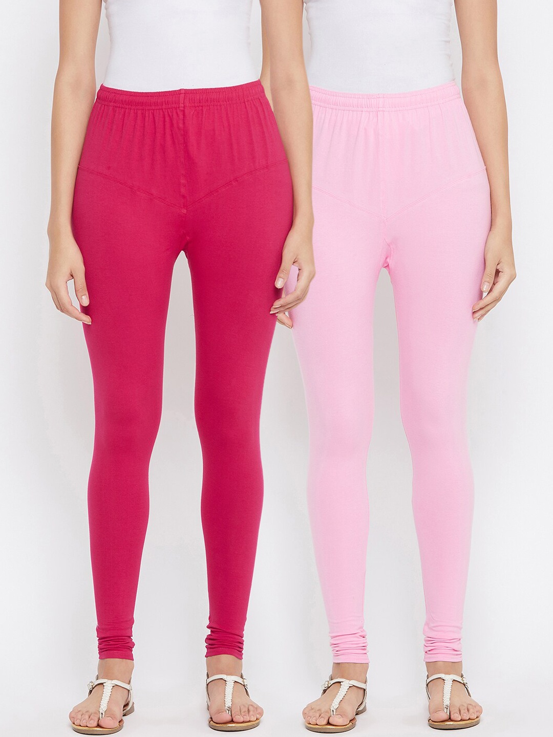 

Tulsattva Women Pack Of 2 Solid Churidar-Length Leggings, Pink