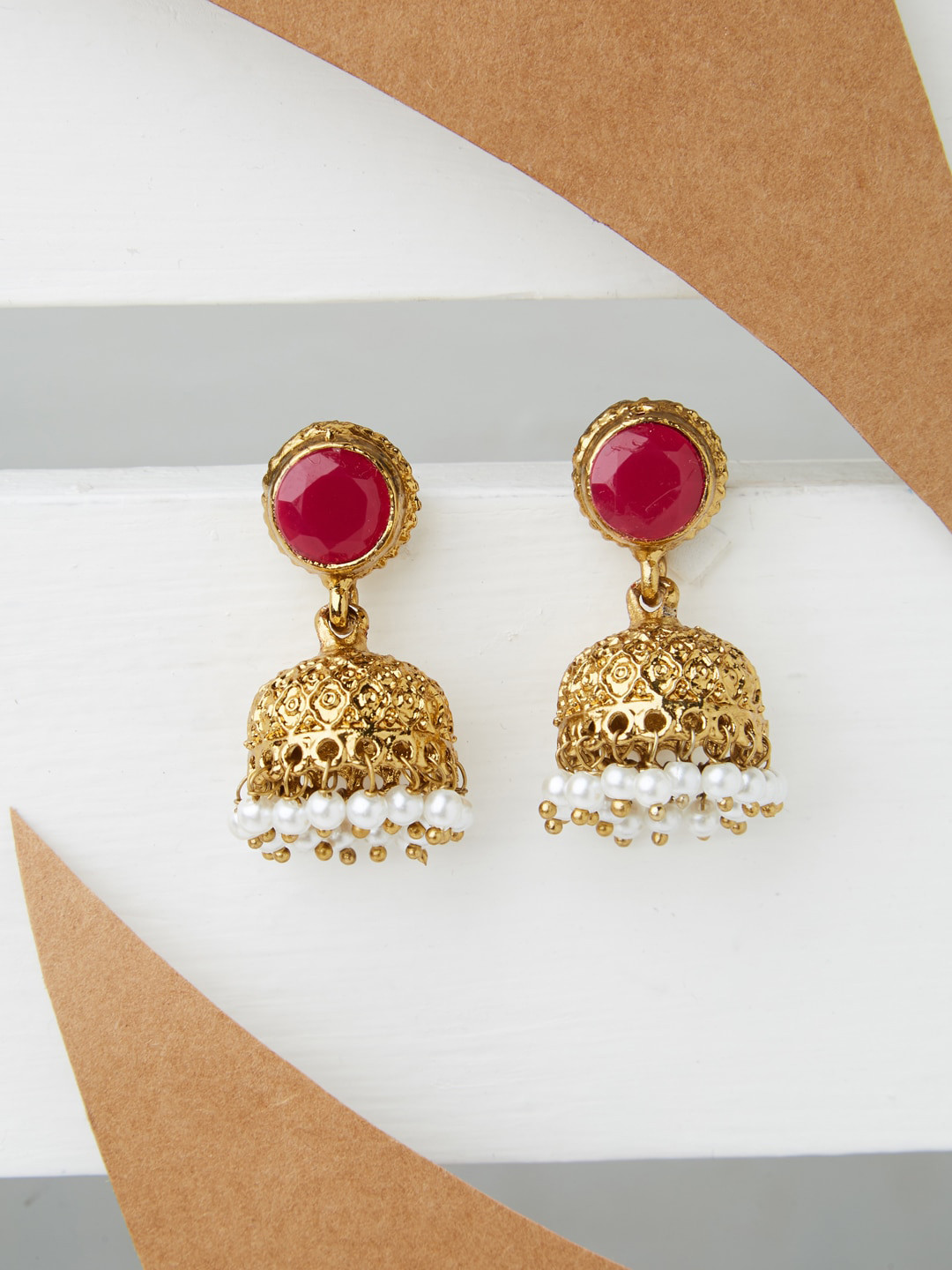 

Fida Gold & Red Dome Shaped Jhumkas