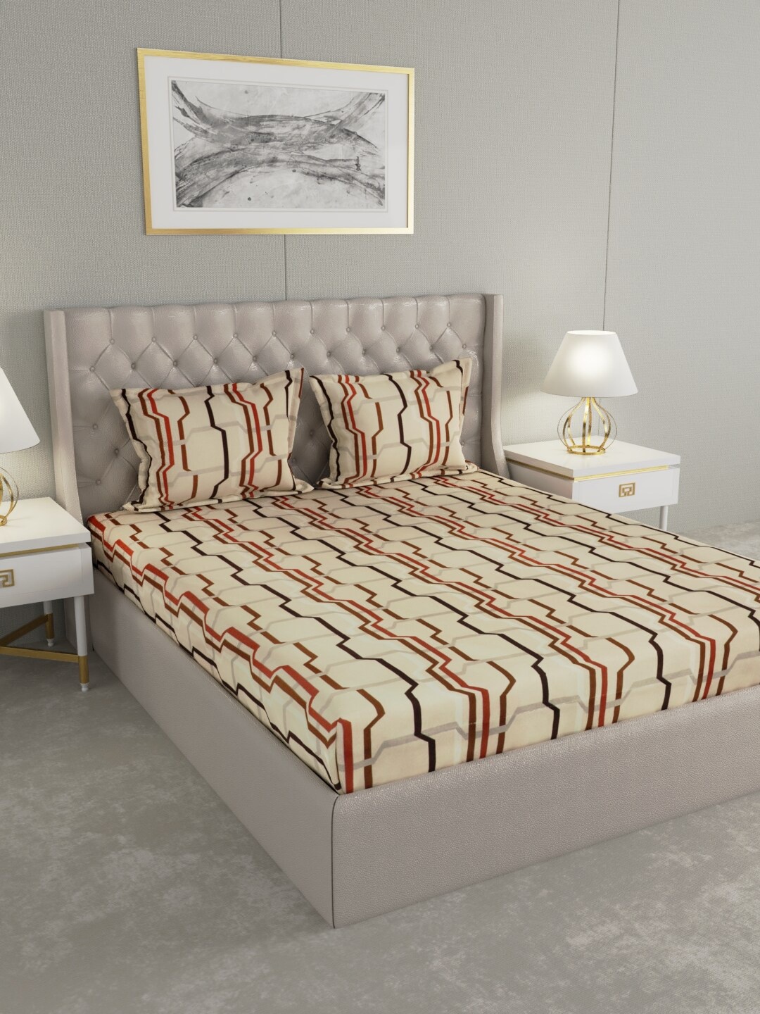 

Raymond Home Beige Geometric 104 TC Cotton 1 Queen Bedsheet with 2 Pillow Covers