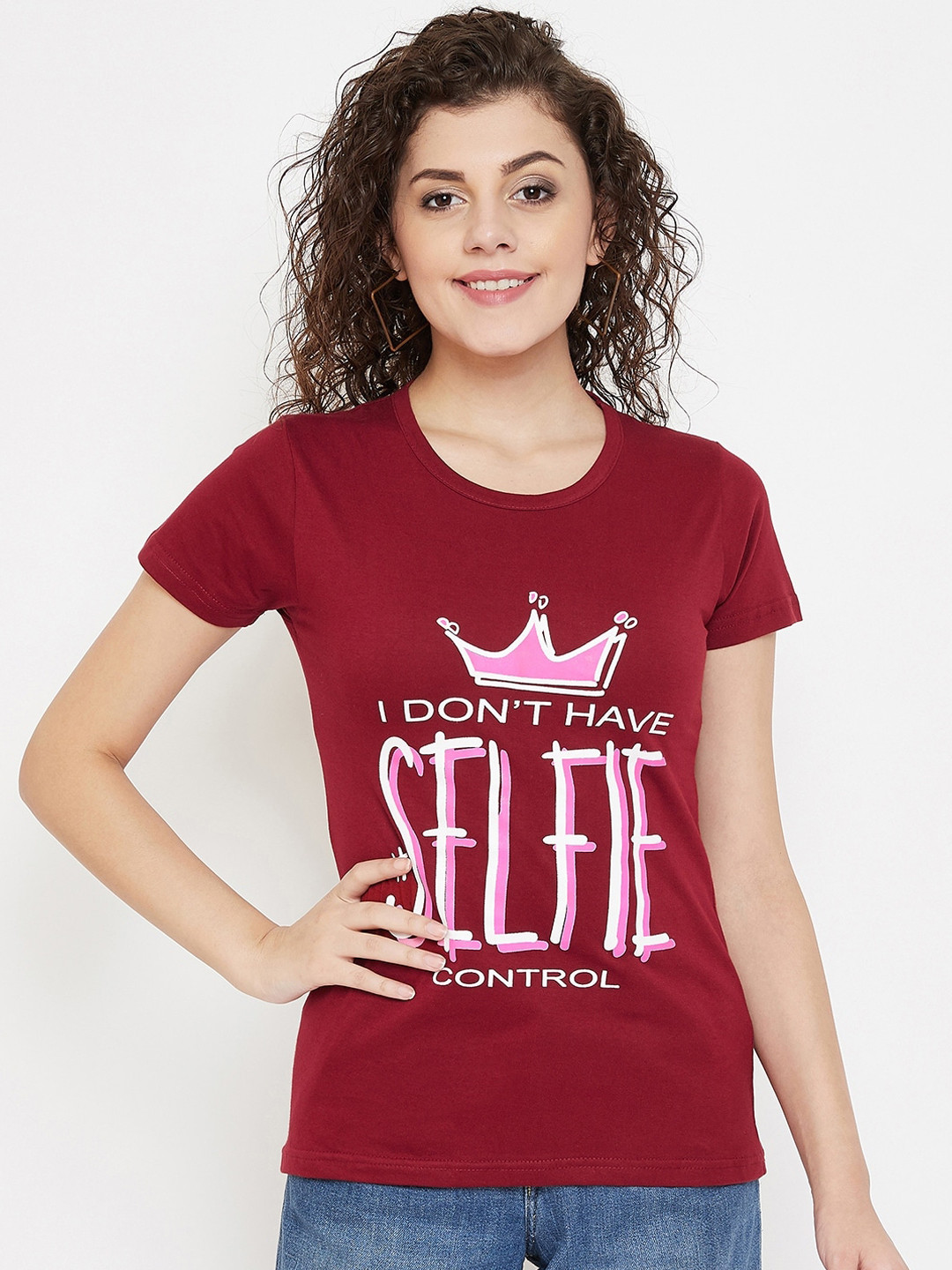 

Purple Feather Women Maroon Printed Round Neck T-shirt