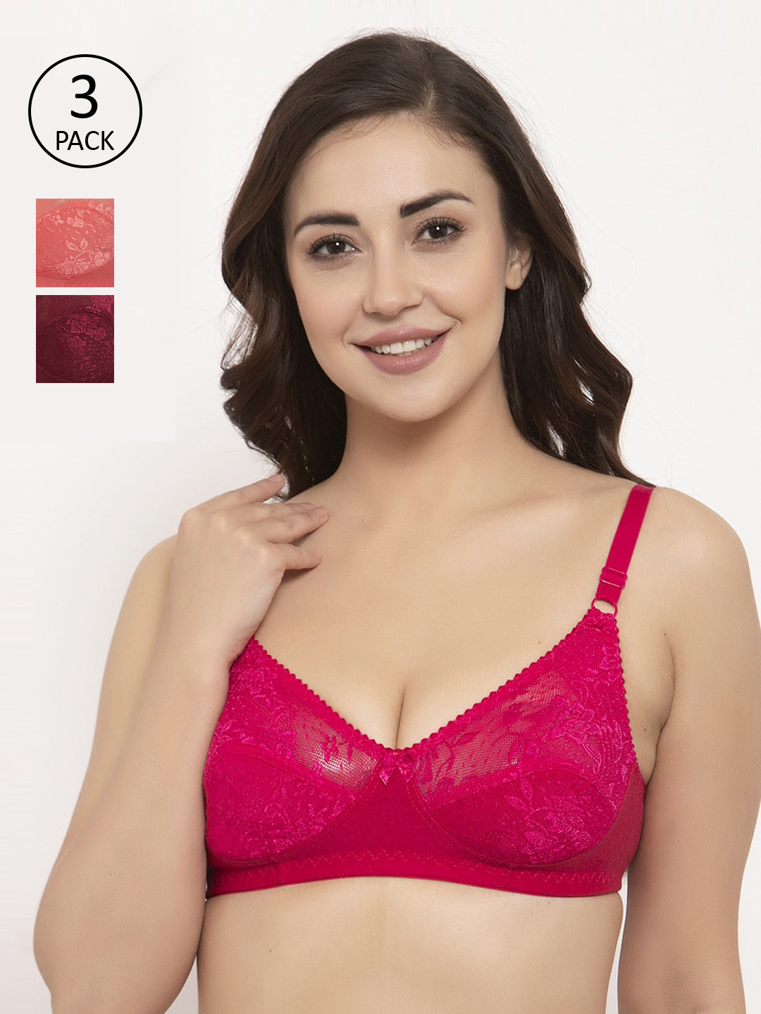 

GRACIT Pack Of 3 Lace Non-Wired Non Padded Everyday Bras PW3-07-14-15, Pink