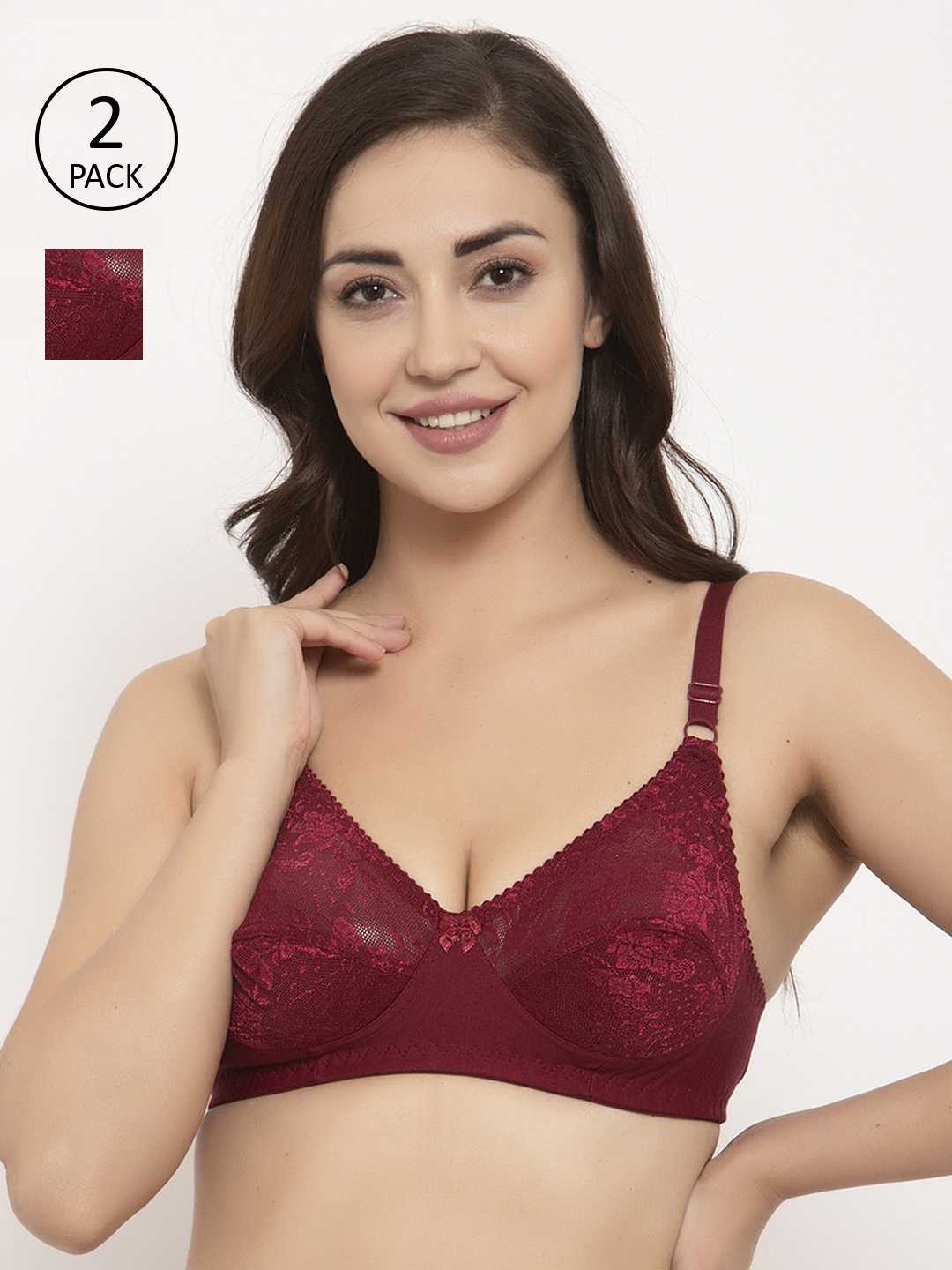 

GRACIT Pack Of 2 Lace Non-Wired Non Padded Balconette Bra PW3-14-14, Maroon