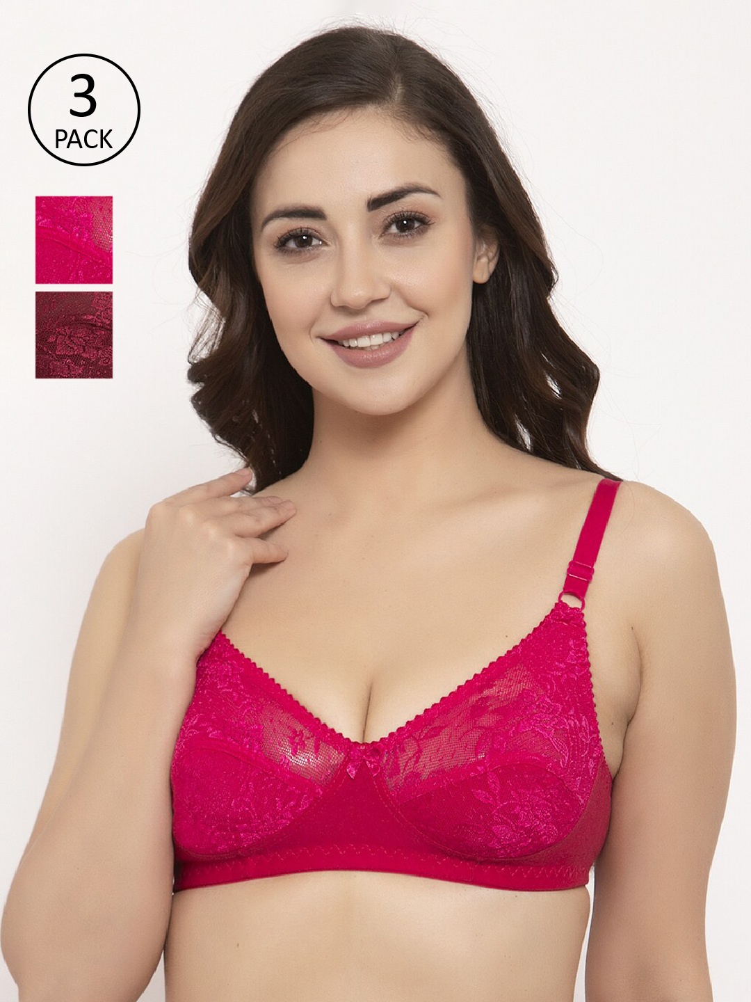 

GRACIT Pack Of 3 Self Design Non-Wired Non Padded Balconette Bra PW3-07-07-14, Pink