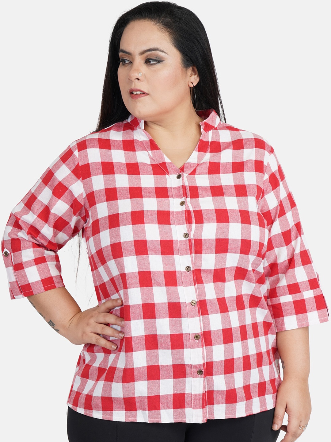 

Indietoga Women Red & White Slim Fit Checked Casual Plus Size Shirt