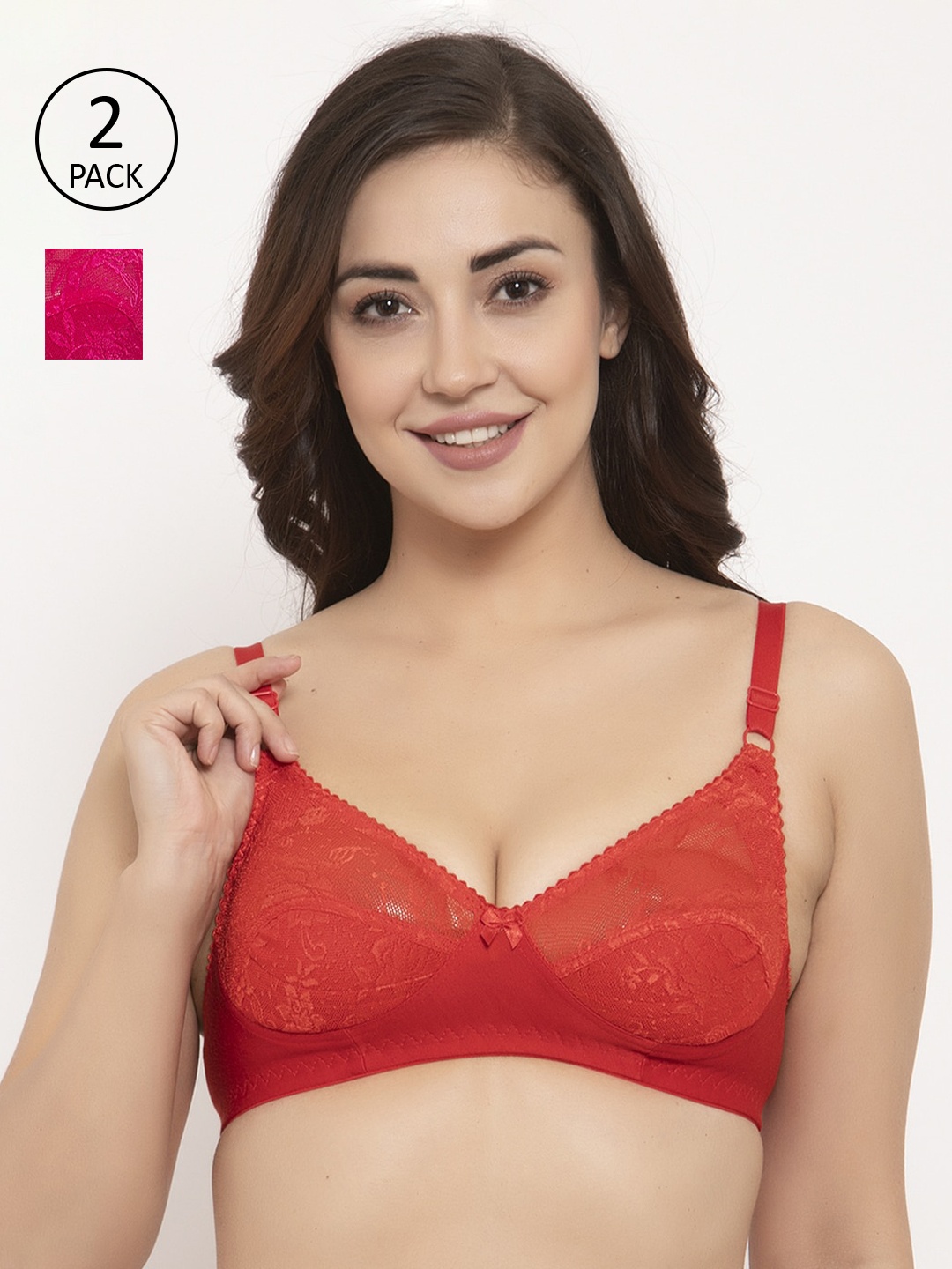 

GRACIT Pack Of 2 Lace Non-Wired Non Padded Balconette Bra PW3-03-07, Red