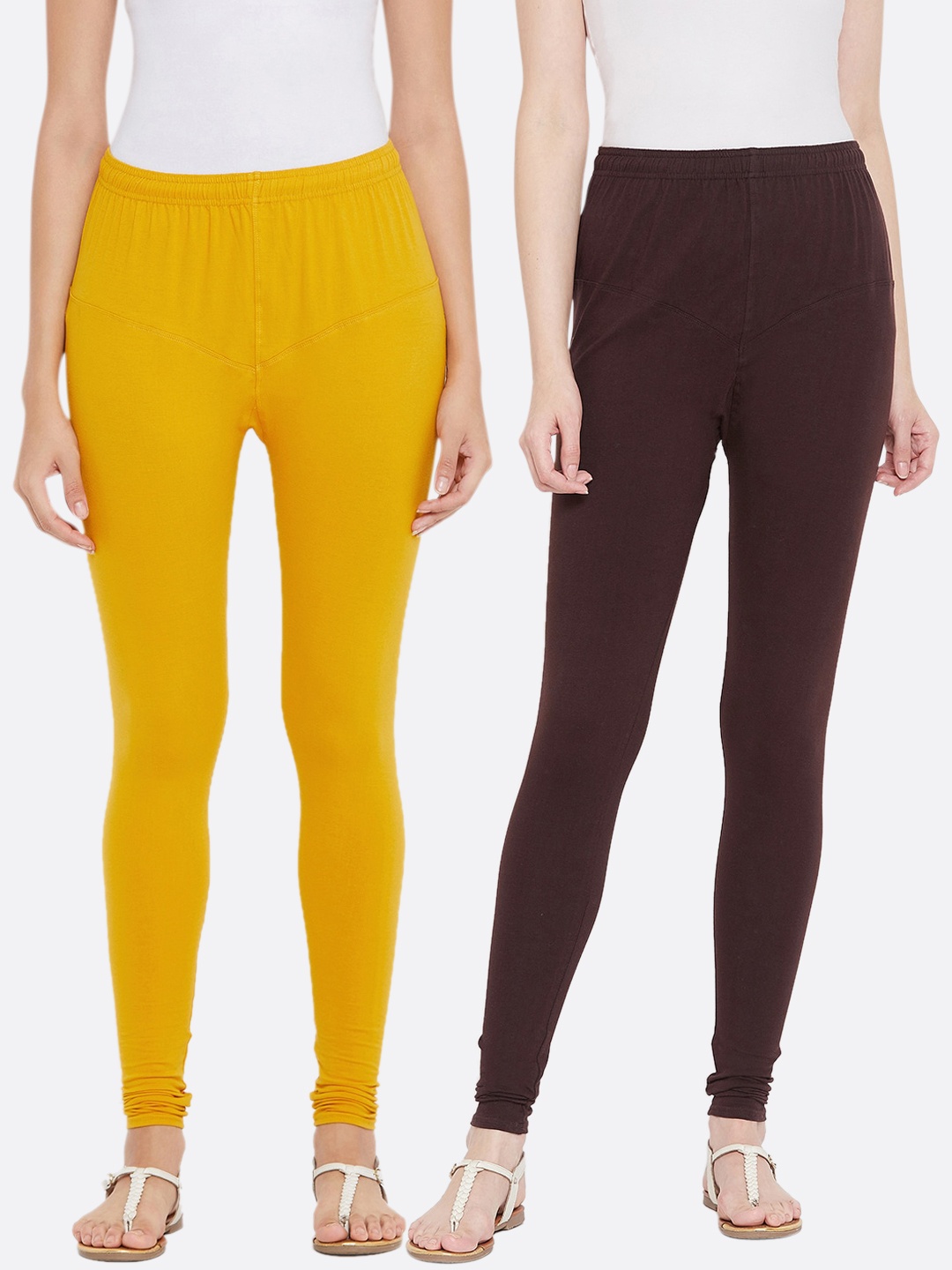 

Tulsattva Women Pack Of 2 Solid Churidar-Length Leggings, Coffee brown