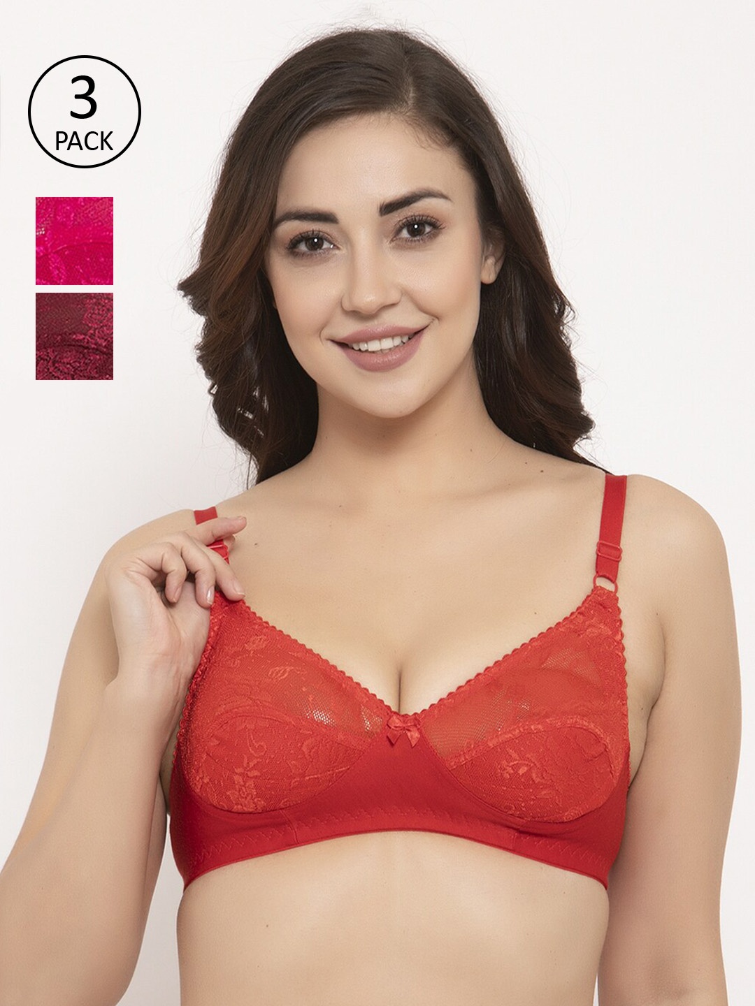 

GRACIT Pack Of 3 Self Design Non-Wired Non Padded Balconette Bra PW3-03-07-14, Red