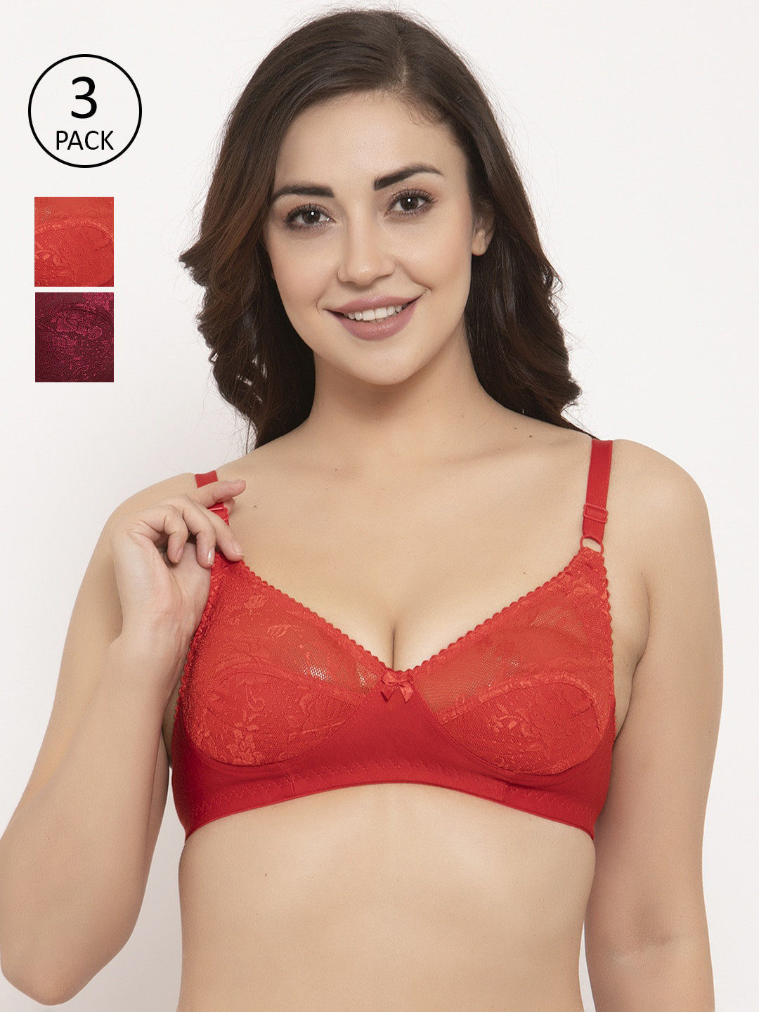 

GRACIT Pack Of 3 Red & Maroon Self Design Non-Wired Non Padded Everyday Bras PW3-03-03-14